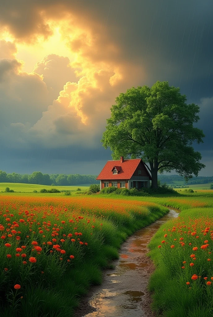 Create a landscape of a serene countryside scene during a gentle summer rain. A cozy cottage with a red roof is nestled near a large, lush green tree. The sky is filled with dramatic, billowing clouds in vibrant shades of orange and yellow, illuminated by sunlight breaking through, creating a striking contrast with the dark blue rain clouds. A narrow, winding path leads to the cottage, bordered by wildflowers in bright red and orange hues, and rich green grass. Small puddles form from the rain along the path. The overall atmosphere is peaceful and picturesque, with a harmonious blend of nature and tranquility, depicted in highly saturated colors to enhance the vividness and charm of the landscape.