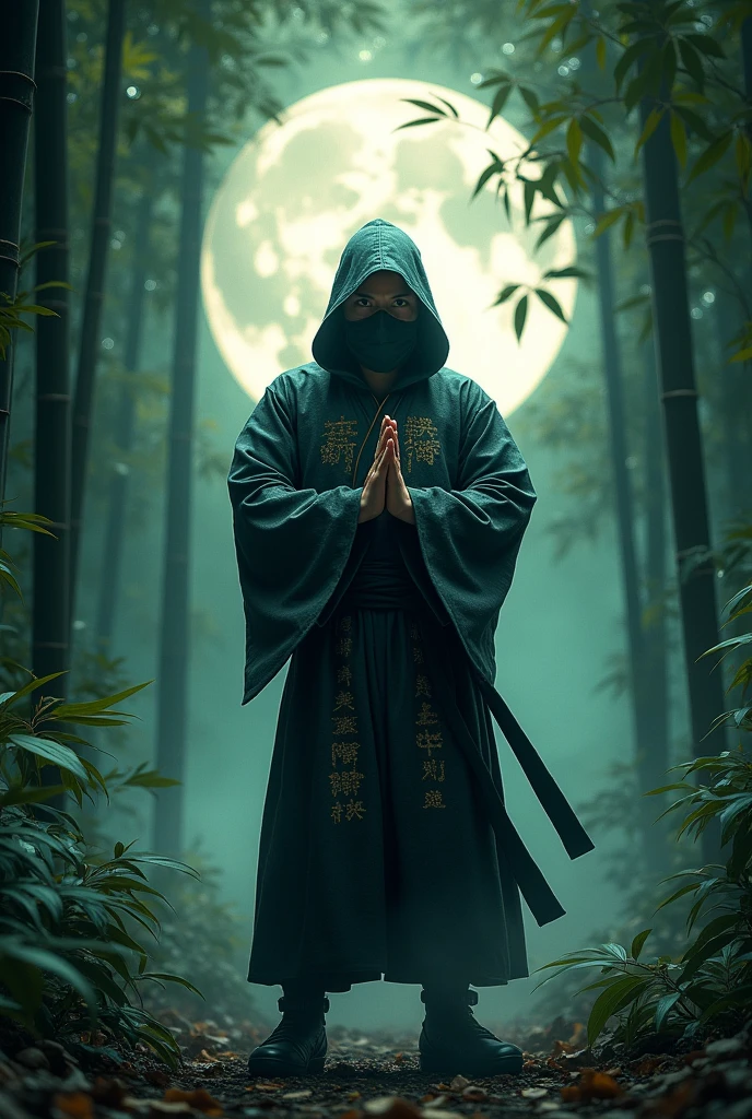 night、A single ninja in the bamboo forest、A highly detailed bamboo forest、Highly detailed ninja attire、Highly detailed ninja mask、A dynamic pose of the ninja forming a hand seal、Dramatic lighting、Dramatic Shadows、Cinematic composition、Hyperrealistic、8k、Ultra-compact、Photorealistic、masterpiece、Put text around the ninja with random size and angle:"Lin" "bing" "闘" "Zhe" "all" "formation" "lie" "in" "front"