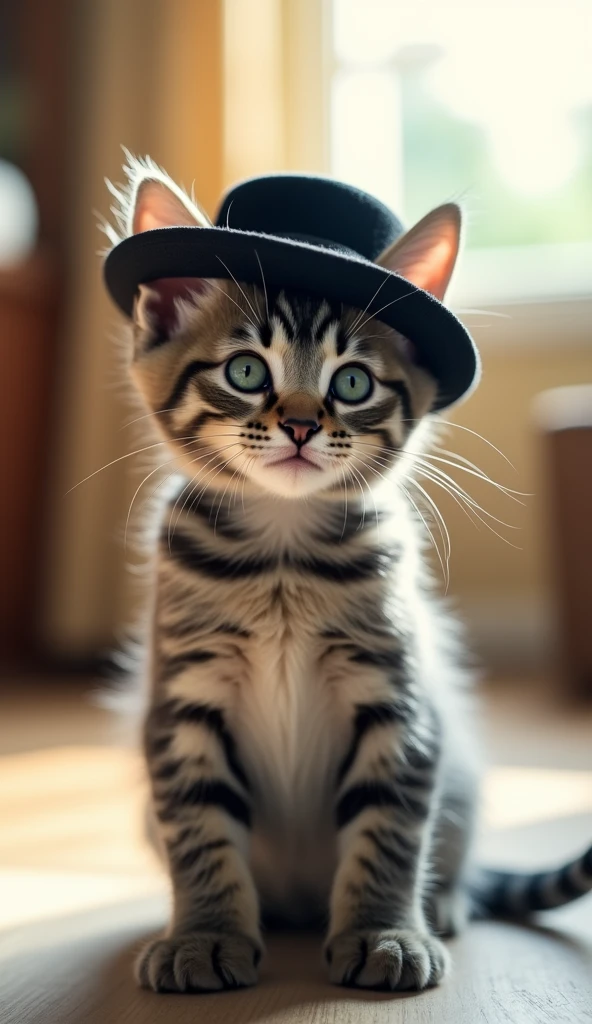 3D image of a kitten standing, gray, black striped, cute, adorable, wearing a black hat