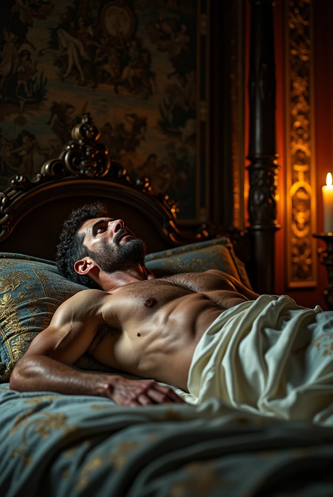 Create an illustration of a king in his 50s, shirtless., Strangled to death in his bed