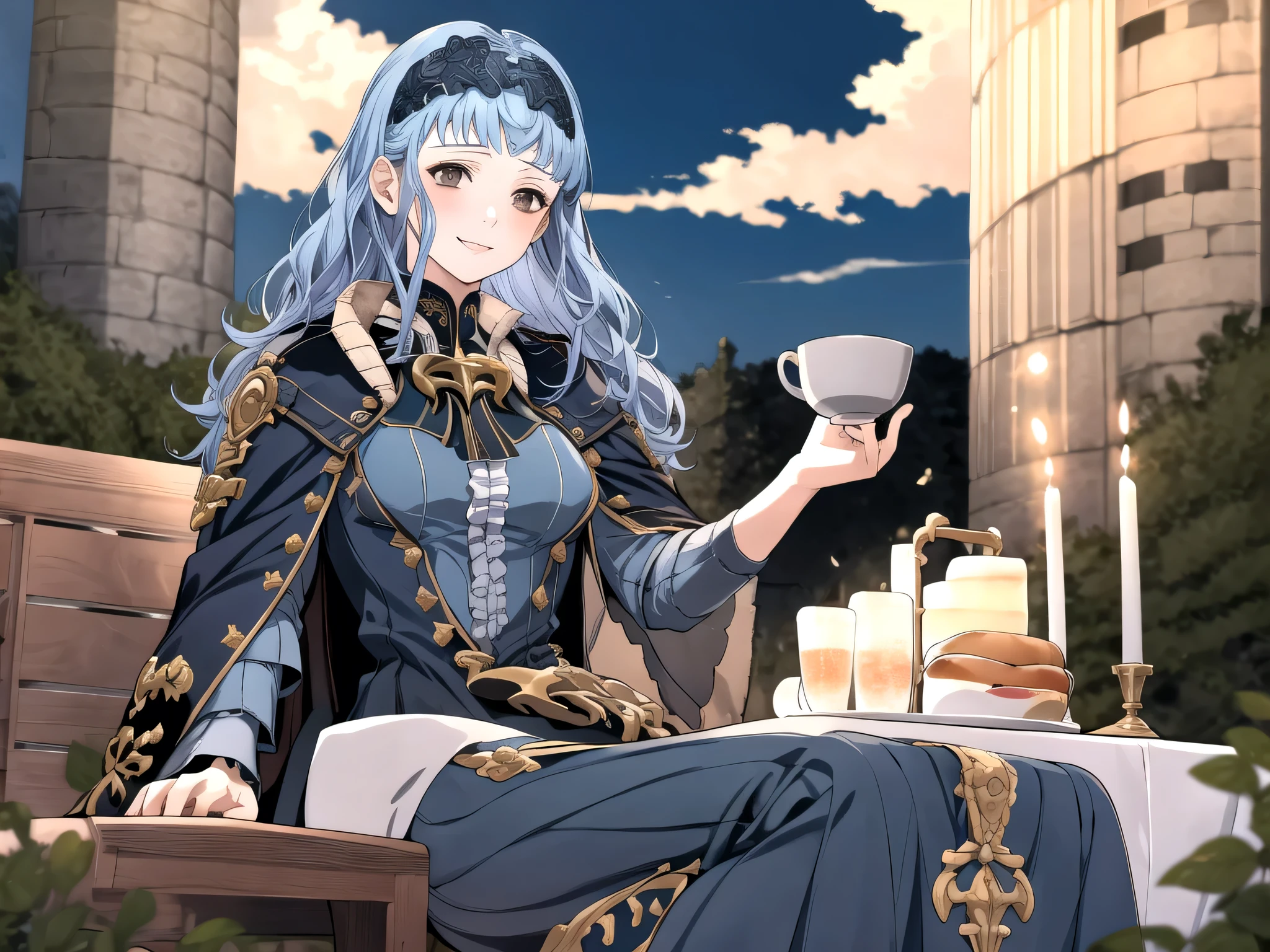 masterpiece, best quality, 1girl, smile, solo, looking at viewer, cup, table, food, teapot, outdoors, sitting, sky, clouds, sunset, BREAK masterpiece, best quality, marianne_hopes, long hair, blue dress, capelet, hairband, upper body, looking at viewer, solo, 1girl