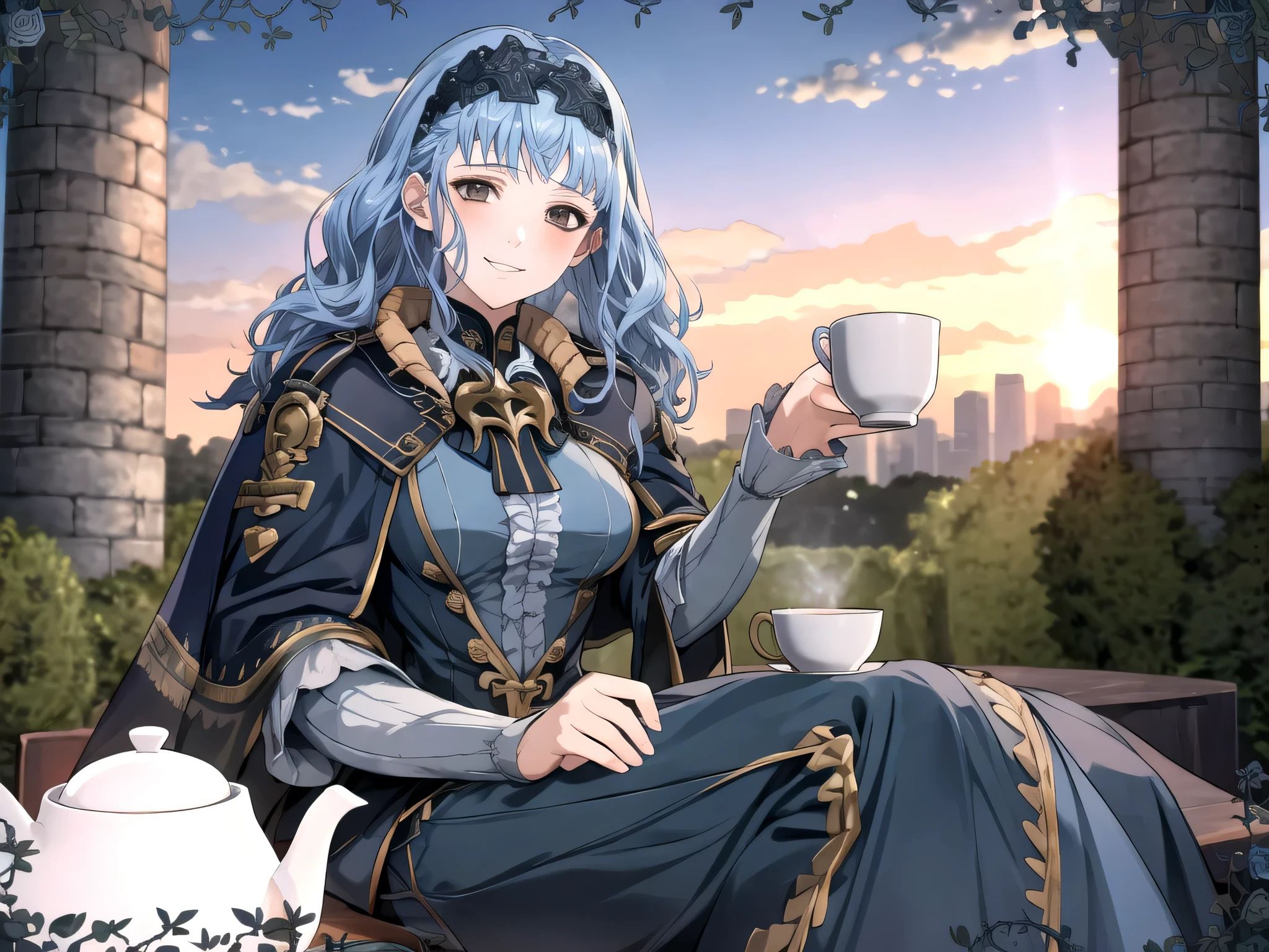 masterpiece, best quality, 1girl, smile, solo, looking at viewer, cup, table, food, teapot, outdoors, sitting, sky, clouds, sunset, BREAK masterpiece, best quality, marianne_hopes, long hair, blue dress, capelet, hairband, upper body, looking at viewer, solo, 1girl