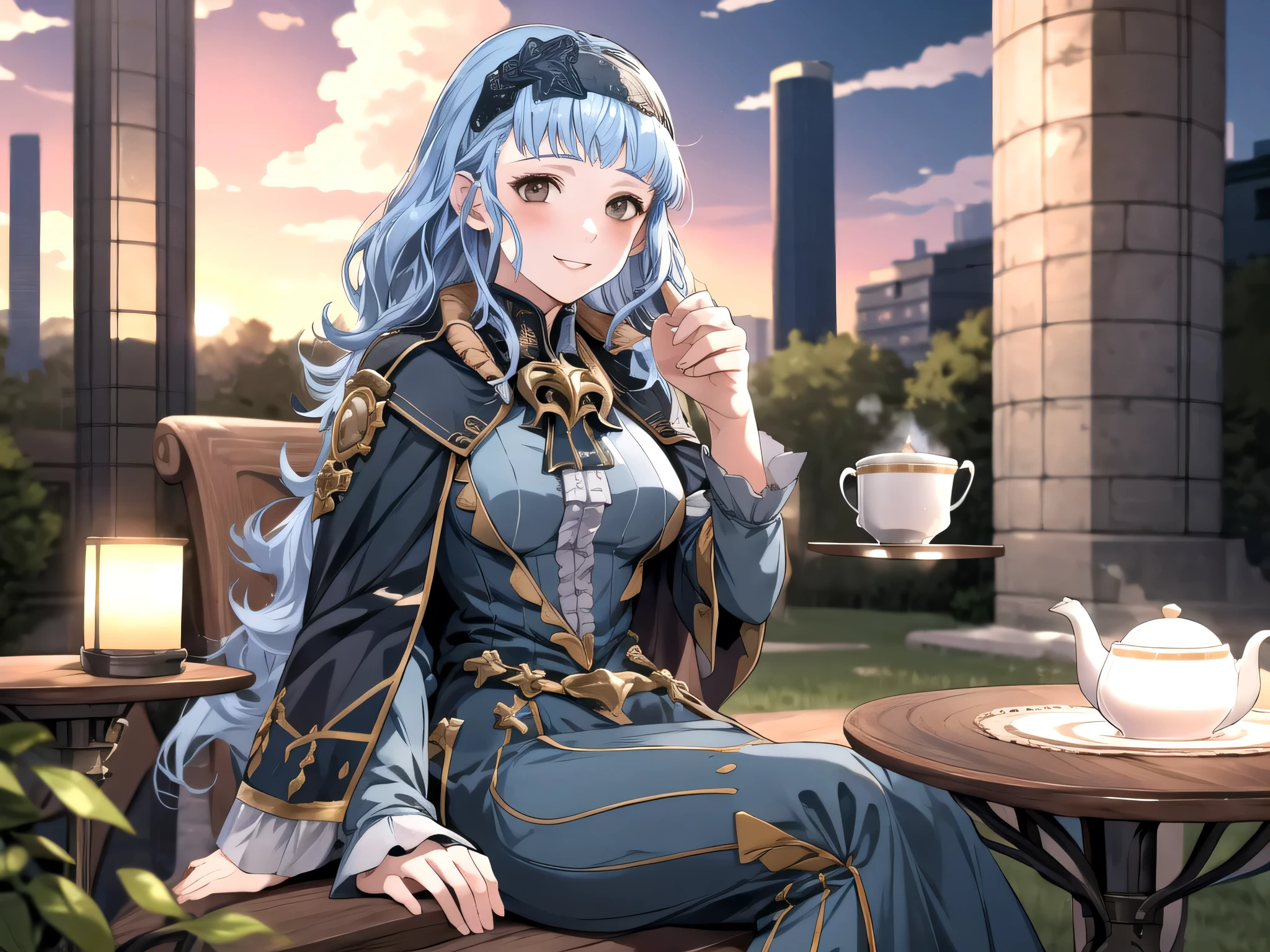 masterpiece, best quality, 1girl, smile, solo, looking at viewer, cup, table, food, teapot, outdoors, sitting, sky, clouds, sunset, BREAK masterpiece, best quality, marianne_hopes, long hair, blue dress, capelet, hairband, upper body, looking at viewer, solo, 1girl