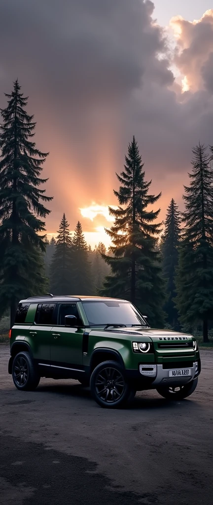 Ah ultra hd wide long straight photography of Brand new (premium (luxury )land rover defender 110 model 2024) 5 door defender in dark greenish colour with (luxury glazy shining body painting) and side mounted ladder. (Luxury big Diamond cut alloy wheels) are turned and body lowered vehicle). Sharp head lamps. Dark violet sky and dark grey soil and background filled with dark trees. Arrey sun light to the car