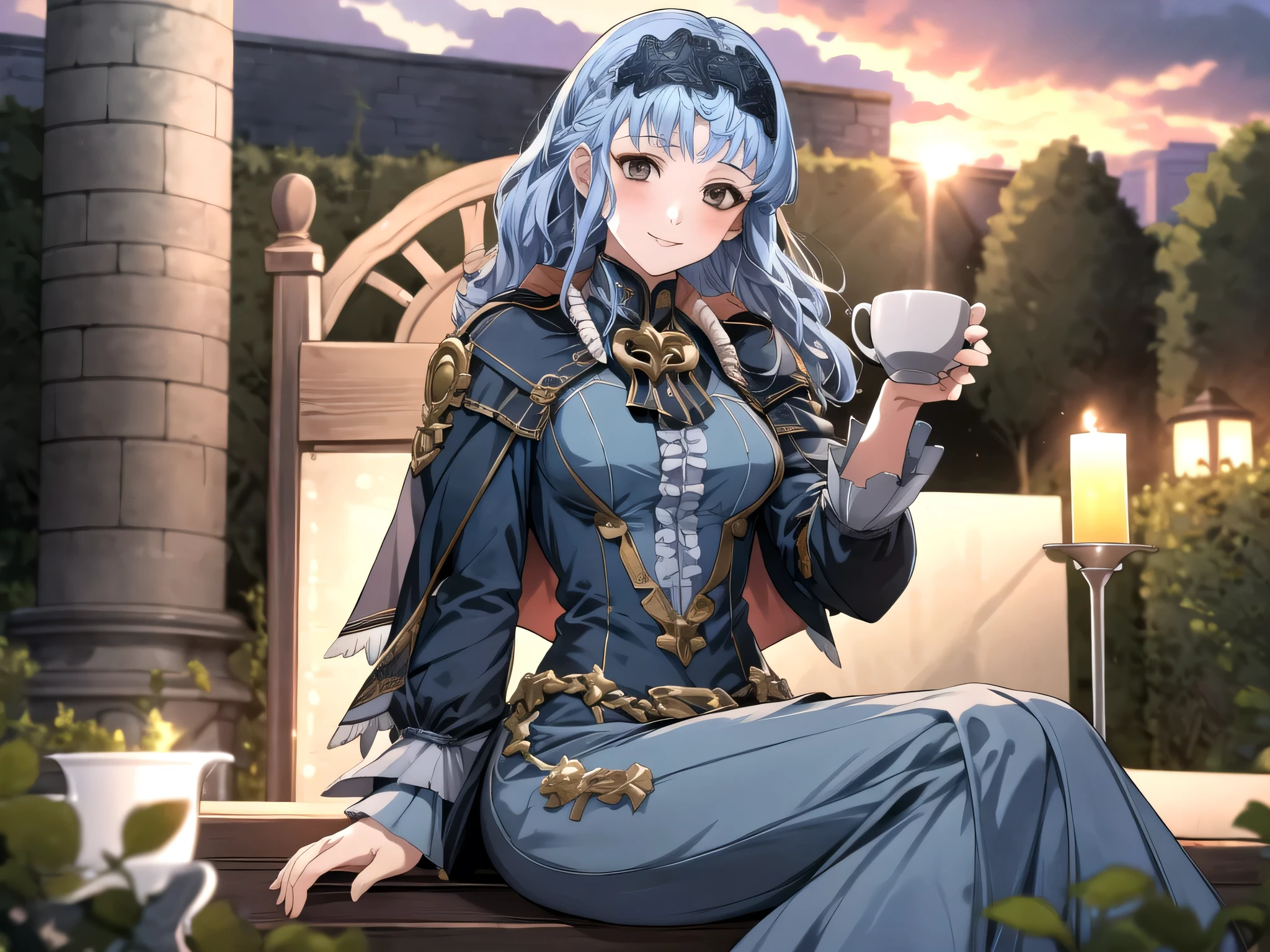 masterpiece, best quality, 1girl, smile, solo, looking at viewer, cup, table, food, teapot, outdoors, sitting, sky, clouds, sunset, BREAK masterpiece, best quality, marianne_hopes, long hair, blue dress, capelet, hairband, upper body, looking at viewer, solo, 1girl