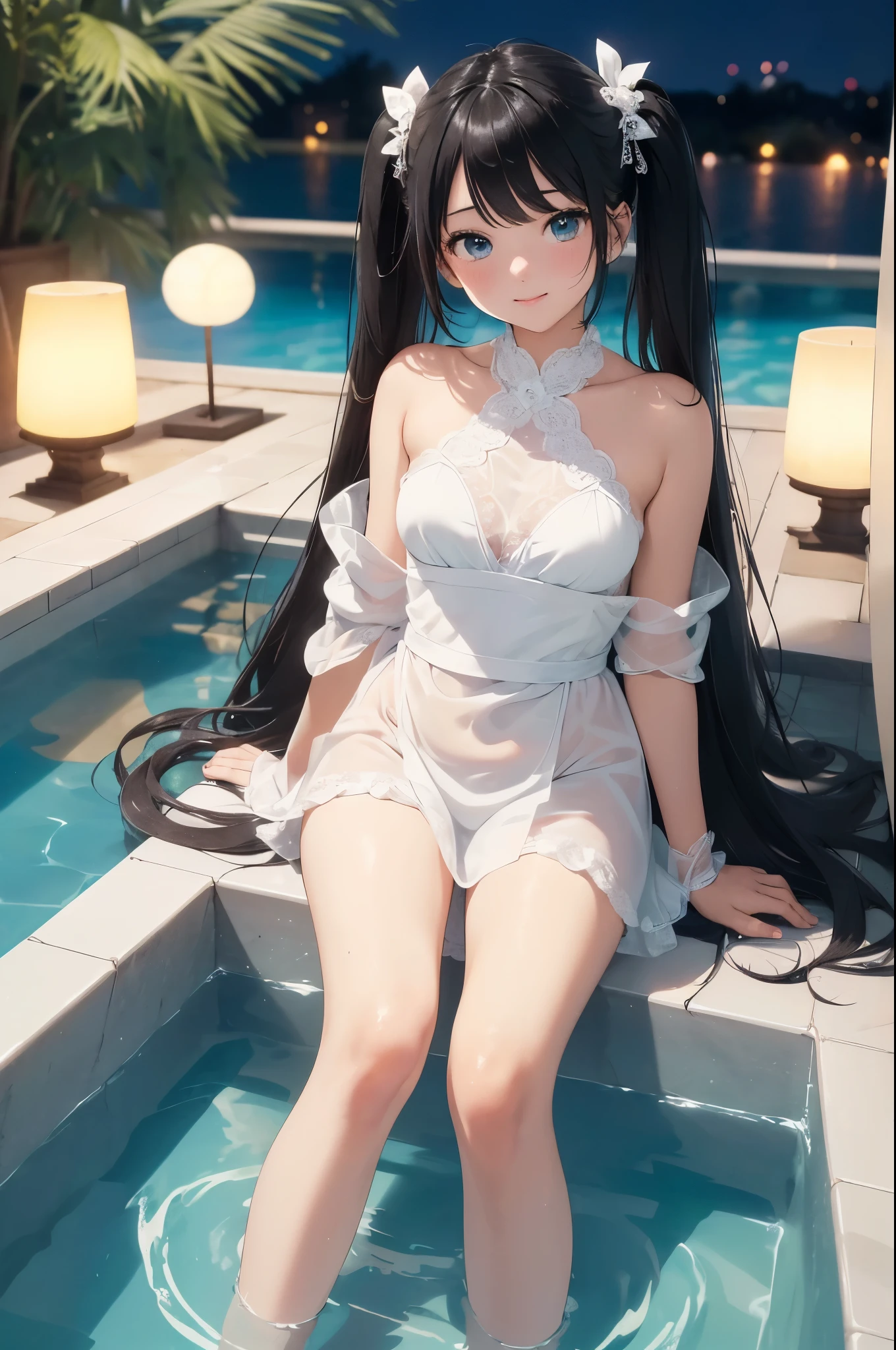 ((masterpiece)), ((highest quality、Ultra high definition)), (Very detailed),((8k、Photo quality))、((Amazingly cute girl))、(****************,)、Two people, , (Beautiful emerald blue eyes), ((smile)),((A luxurious Japanese-style open-air bath at a high-class hotel)), Beautifully arranged black hair in twin tails、Slim Body、(Cute little breasts)、((They are wearing a white bath towel wrapped around their body.))、Professional Lighting、(White lace knee-highore detailed and beautiful)、(More details and cutenesore realistic)、((Just wear light clothing))、Frolic in the pool、(Too cute)、(The embodiment of cuteness)、(Godly cuteness)、((Night view))、((It seems visible but it&#39;s not))、