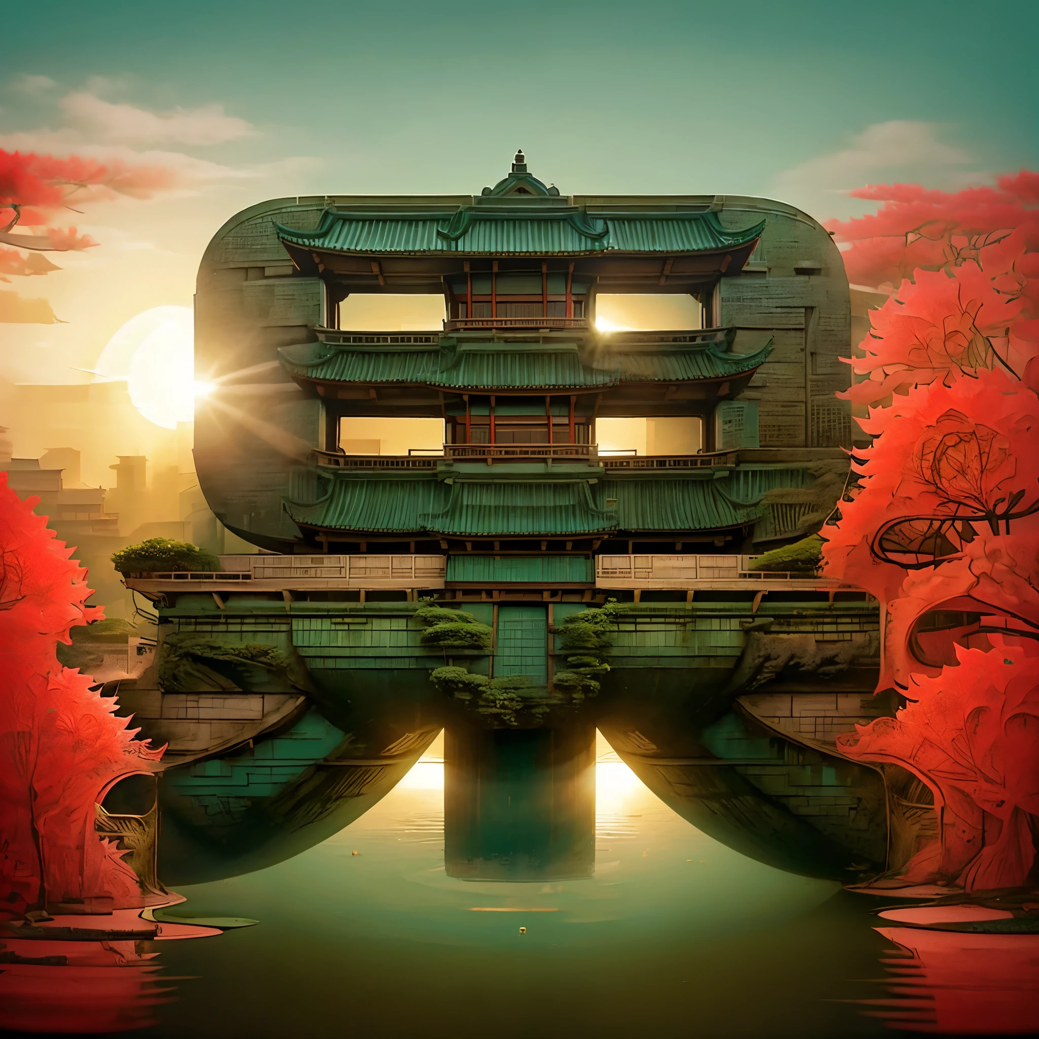 Potted plants, lake, water, lily pad,lotus, temple,red
