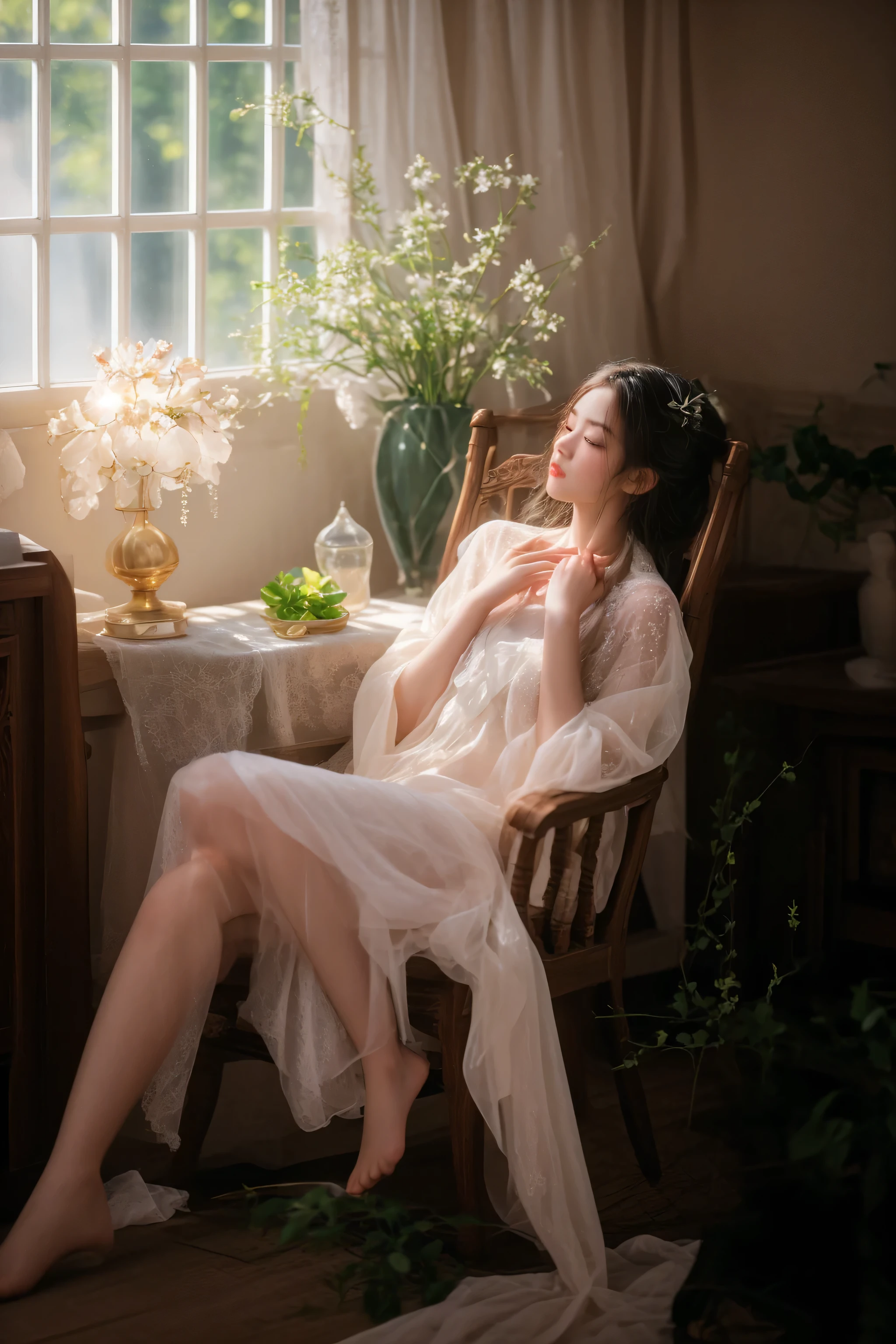 there is a woman sitting in a chair in front of a window, ethereal beauty, lovely languid princess, dreamy atmosphere and drama, summer morning light, dreamy and ethereal, inspired by Tang Yin, ethereal and dreamy, soft ethereal lighting, soft morning light, palace ， a girl in hanfu, a beautiful woman in white, peaceful and graceful, dreamy atmosphere