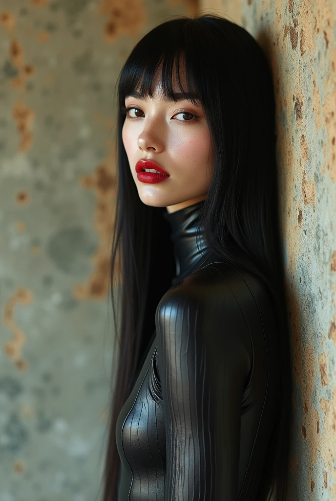 editorial photography,super detailed background,Super realistic,double exposure,depth of field,cool beauty super skinny vides,soft focus tone,narrative scene,Wabi-Sabi wallpaper,open Crimson lips,narrow eyes,uneven pattern matte rubber bodysuit,super long straight hairstyle,waist shot,