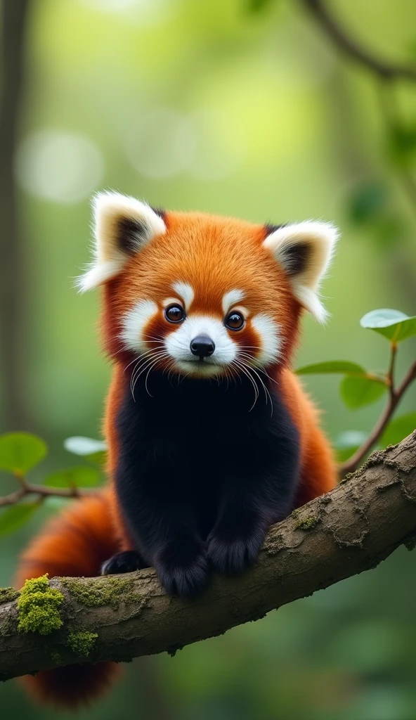 imagine prompt: A cute baby red panda, sitting on a tree branch, with big round eyes and fluffy fur, in a lush green forest, highly detailed, photorealistic, 8K resolution