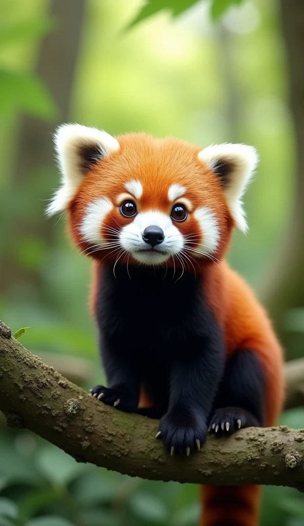 imagine prompt: A cute baby red panda, sitting on a tree branch, with big round eyes and fluffy fur, in a lush green forest, highly detailed, photorealistic, 8K resolution