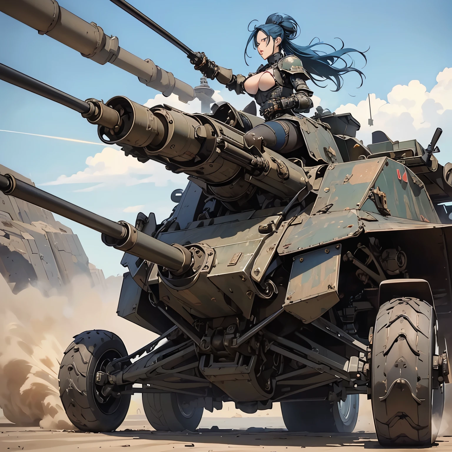 nsfw, anime screencap, 16K, perfect anatomy proportion body, perfect hands, action, A dynamic composition with a sense of speed and movement, (open cockpit, Riding a large, heavily armored steam-powered military buggy:1.6), a wife, 40age, perfect beautiful delicate sexy face, perfect beautiful delicate eyes, blue hair, hair bun, large breasts, abs, Camouflage-colored heavy armored steam engine full armor powered suit, Many heavily armored robot soldiers are engaged in a firefight in the background., Flying bullets, Desert Battlefield, war, Post-apocalyptic,