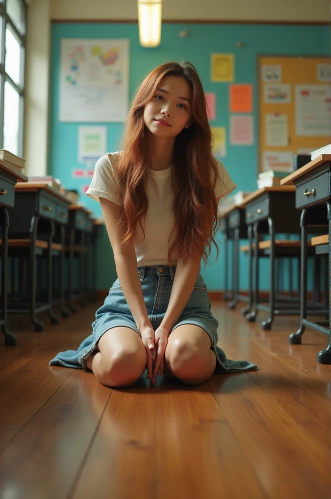 Young 18 year old woman naked kneeling in a school classroom, Super realistic