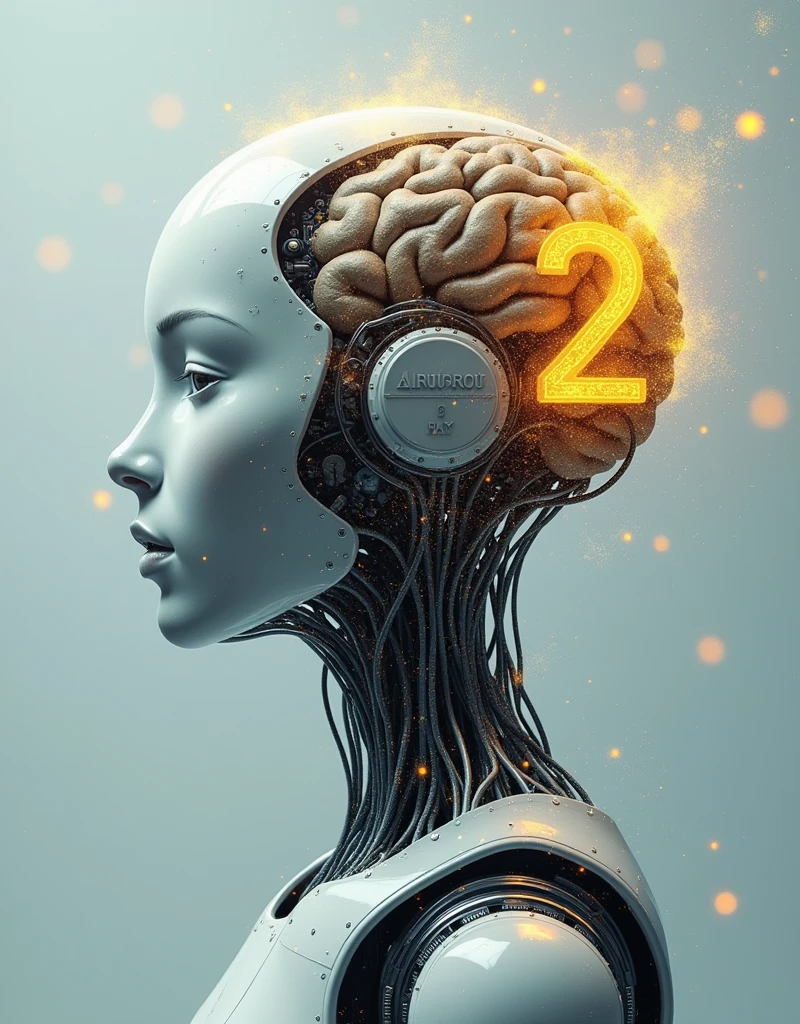 make a poster with robot brain faced sideways to the left and a bluish-gray background. In the ear of the robot, write 2 with glowing yellow colour. 2 should be the main highlight of the poster so make it's font bigger, but the 2 should seem to be hanging from the ear, so make it's size proportionate, and in the bottom write "DAYS TO GO" with the same font but comparatively smaller font size. Make the font more stylish and appropriate to the picture. Add more neural networks to the background of the image to make it look more appealing. Make the robot brain face towards left. Add the "Days to go" text to below 2
Remove the 2 and give only the picture
