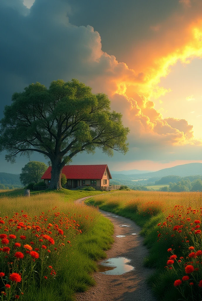 Create a landscape of a serene countryside scene during a gentle summer rain. A cozy cottage with a red roof is nestled near a large, lush green tree. The sky is filled with dramatic, billowing clouds in vibrant shades of orange and yellow, illuminated by sunlight breaking through, creating a striking contrast with the dark blue rain clouds. A narrow, winding path leads to the cottage, bordered by wildflowers in bright red and orange hues, and rich green grass. Small puddles form from the rain along the path. The overall atmosphere is peaceful and picturesque, with a harmonious blend of nature and tranquility, depicted in highly saturated colors to enhance the vividness and charm of the landscape.