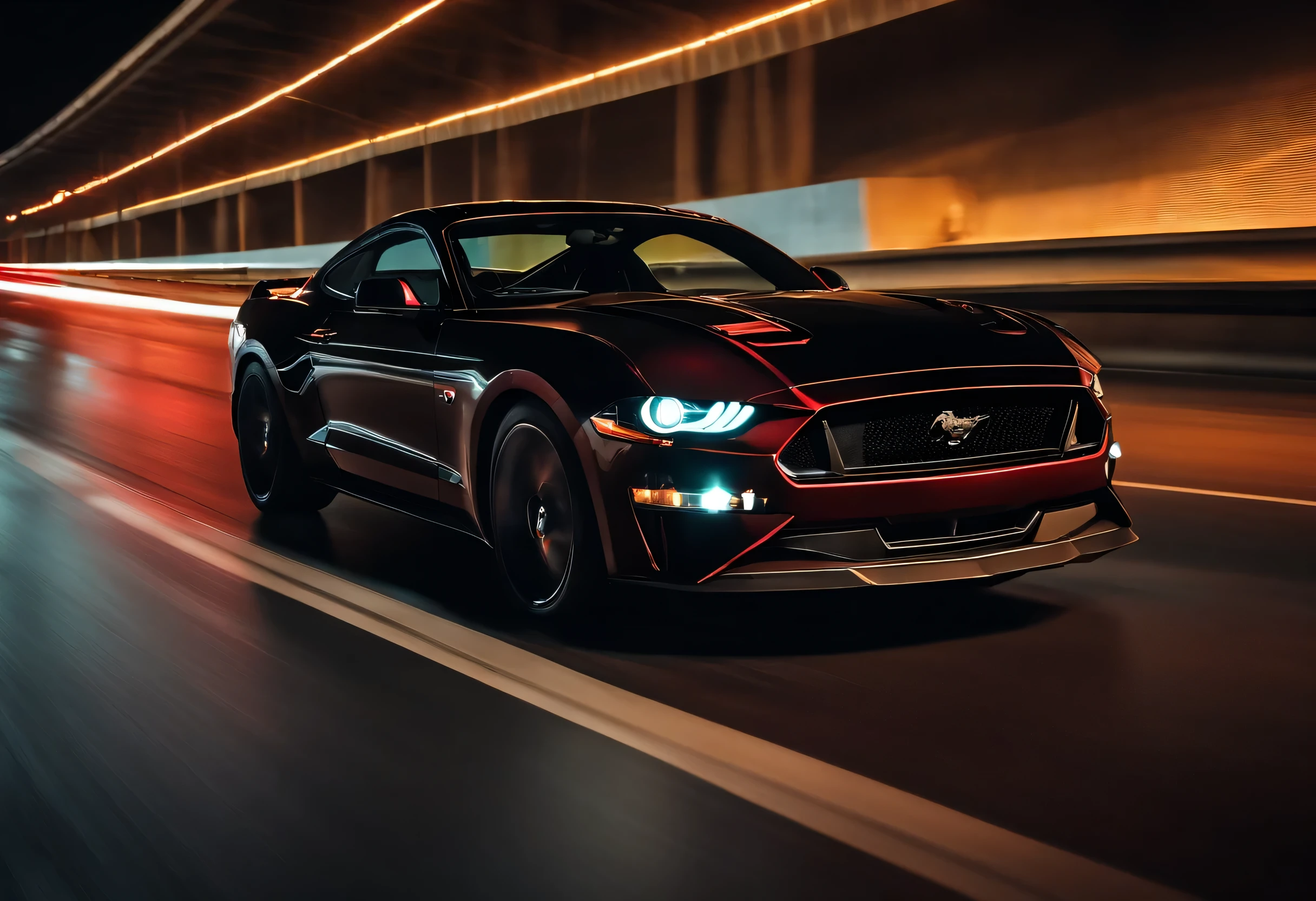 A black Mustang Gt in 4k resolution, front and side view, shining red lights, On a Bridge at night time