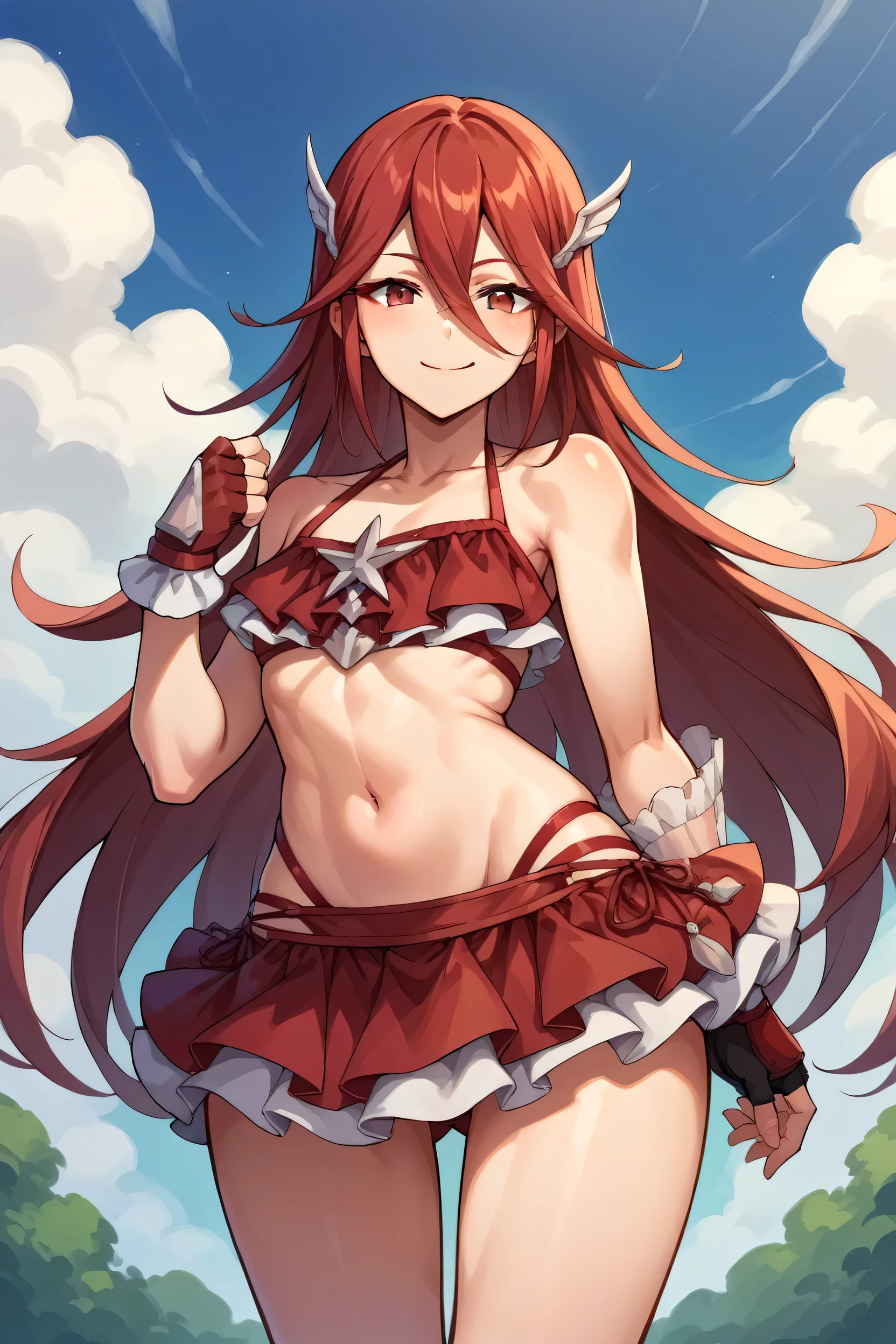 score_9, score_8_up, score_7_up, score_6_up, source_anime BREAK 1girl, solo, sumCordelia, red hair, red eyes, wing hair ornament, collarbone, red bikini, bare shoulders, frilled bikini, small breasts, bikini skirt, red gloves, fingerless gloves, cowboy shot, looking at you, smile, blue sky, clouds