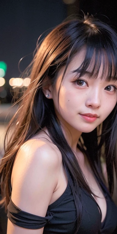 One person, Overwhelming Beautiful Girl,Tokyo Street,night, Cityscape,City lights,Upper Body,close,smile,, (8k, RAW Photos, Highest quality, masterpiece:1.2),(Realistic, photo-Realistic:1.37),