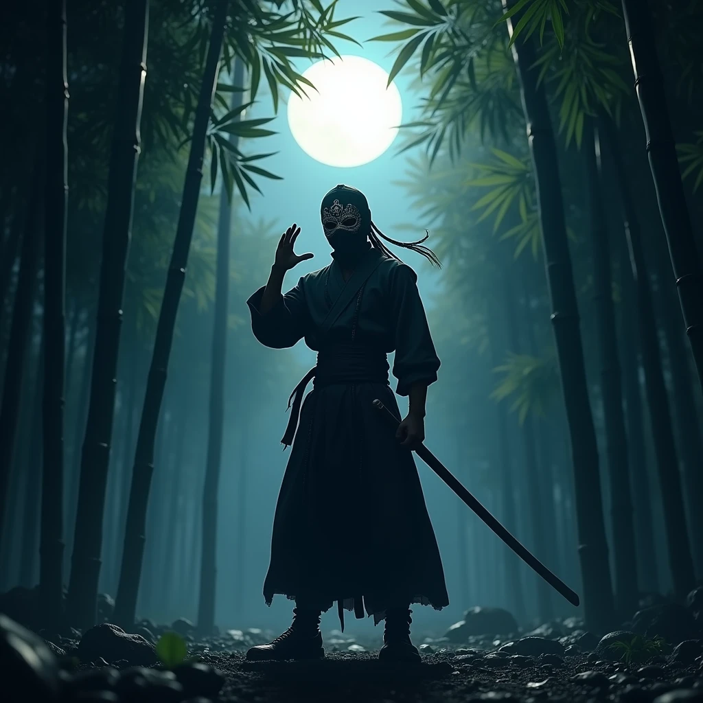 night、A single ninja in the bamboo forest、A highly detailed bamboo forest、Highly detailed ninja attire、Highly detailed ninja mask、A dynamic pose of the ninja forming a hand seal、Dramatic lighting、Dramatic Shadows、Cinematic composition、Hyperrealistic、8k、Ultra-compact、Photorealistic、masterpiece、