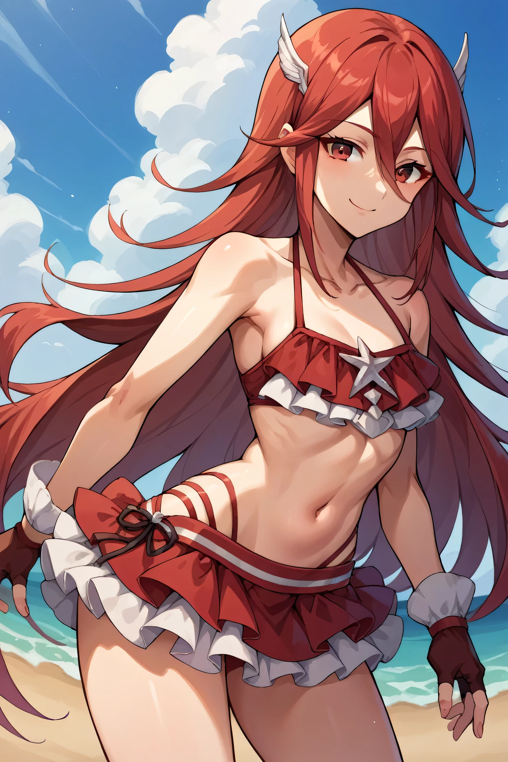 score_9, score_8_up, score_7_up, score_6_up, source_anime BREAK 1girl, solo, sumCordelia, red hair, red eyes, wing hair ornament, collarbone, red bikini, bare shoulders, frilled bikini, small breasts, bikini skirt, red gloves, fingerless gloves, cowboy shot, looking at you, smile, blue sky, clouds