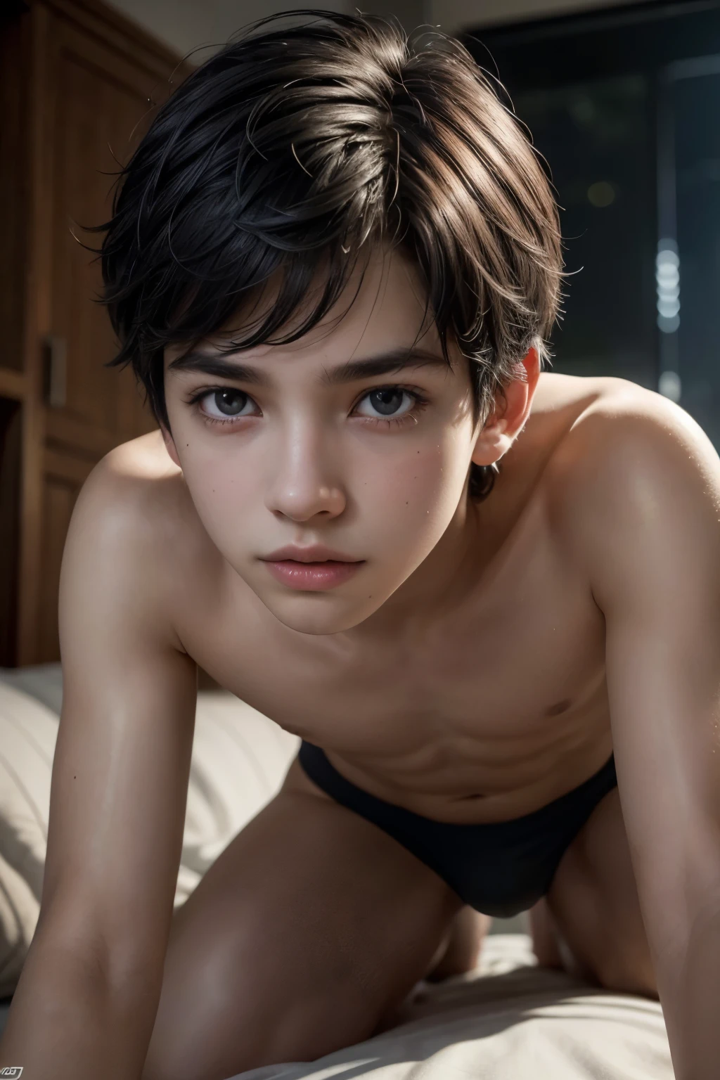 a young brazilian boy with short dark hair, fair skin, slim body, brown eyes, wearing only black boxer briefs, 18years, , twink, femboy, cute, on all fours in bed, detailed realistic portrait, cinematic lighting, photorealistic, (best quality, 4k, 8k, highres, masterpiece:1.2), ultra-detailed, (realistic, photorealistic, photo-realistic:1.37), HDR, studio lighting, physically-based rendering, extreme detail description, vivid colors, bokeh
