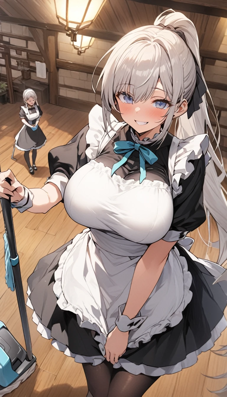 huge breasts, huge ass, big thighs, small waist, white hair, luscious messy hair, tall(adult), sexy maid outfit, perky nipples, seductive face, jerking off dildo