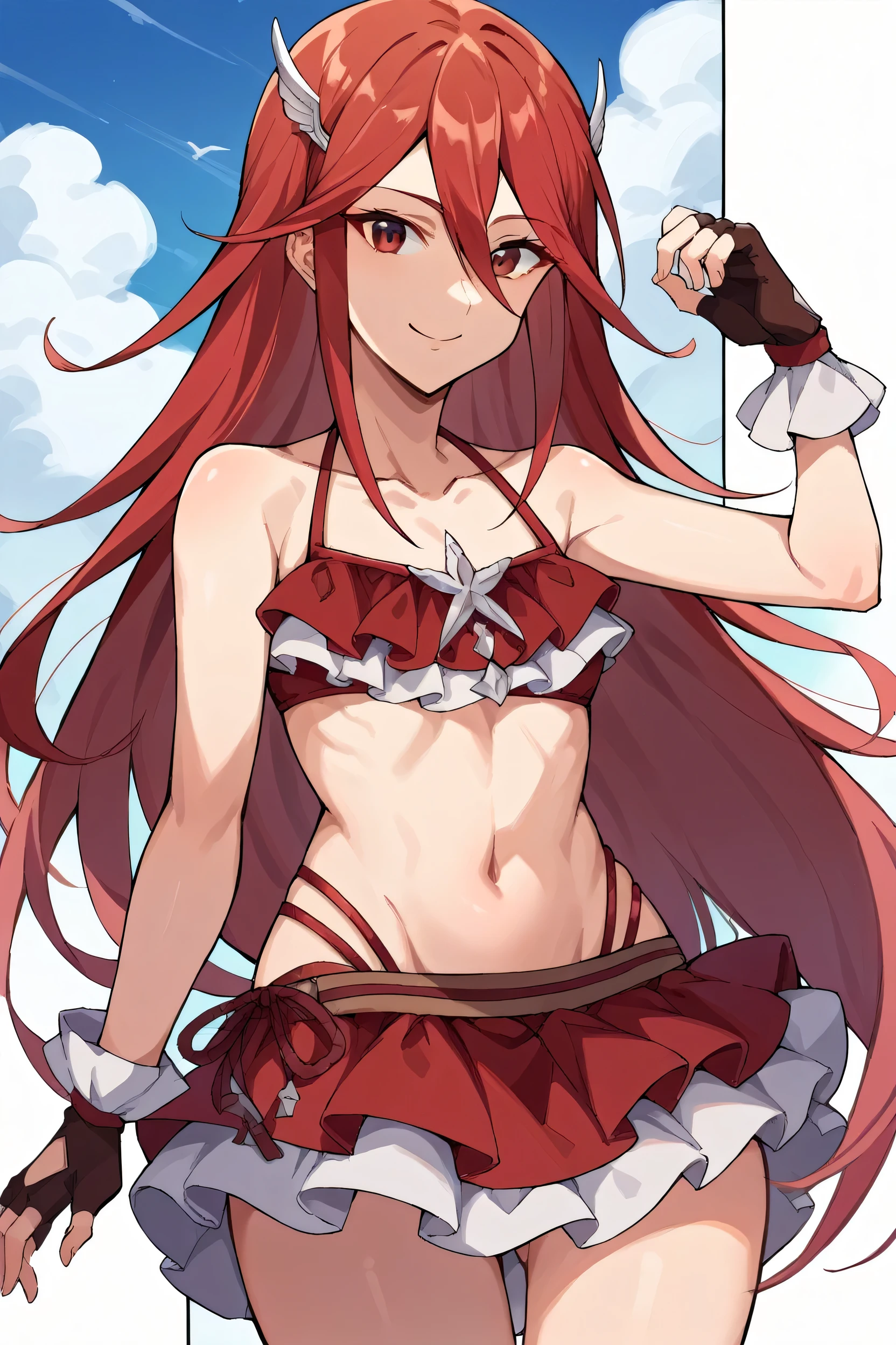 score_9, score_8_up, score_7_up, score_6_up, source_anime BREAK 1girl, solo, sumCordelia, red hair, red eyes, wing hair ornament, collarbone, red bikini, bare shoulders, frilled bikini, small breasts, bikini skirt, red gloves, fingerless gloves, cowboy shot, looking at you, smile, blue sky, clouds