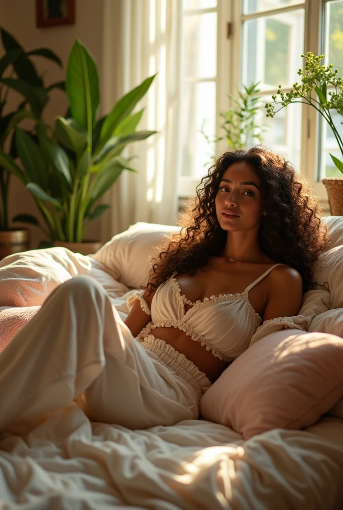(photorealism:1.2), beautiful woman, sitting on bed, wearing loose off-shoulder top, pajama pants, long curly hair, indoors, soft lighting, plants in background, window with sunlight, cozy room, relaxed pose, realistic, intricate details, warm colors, by Greg Rutkowski, by Alphonse Mucha