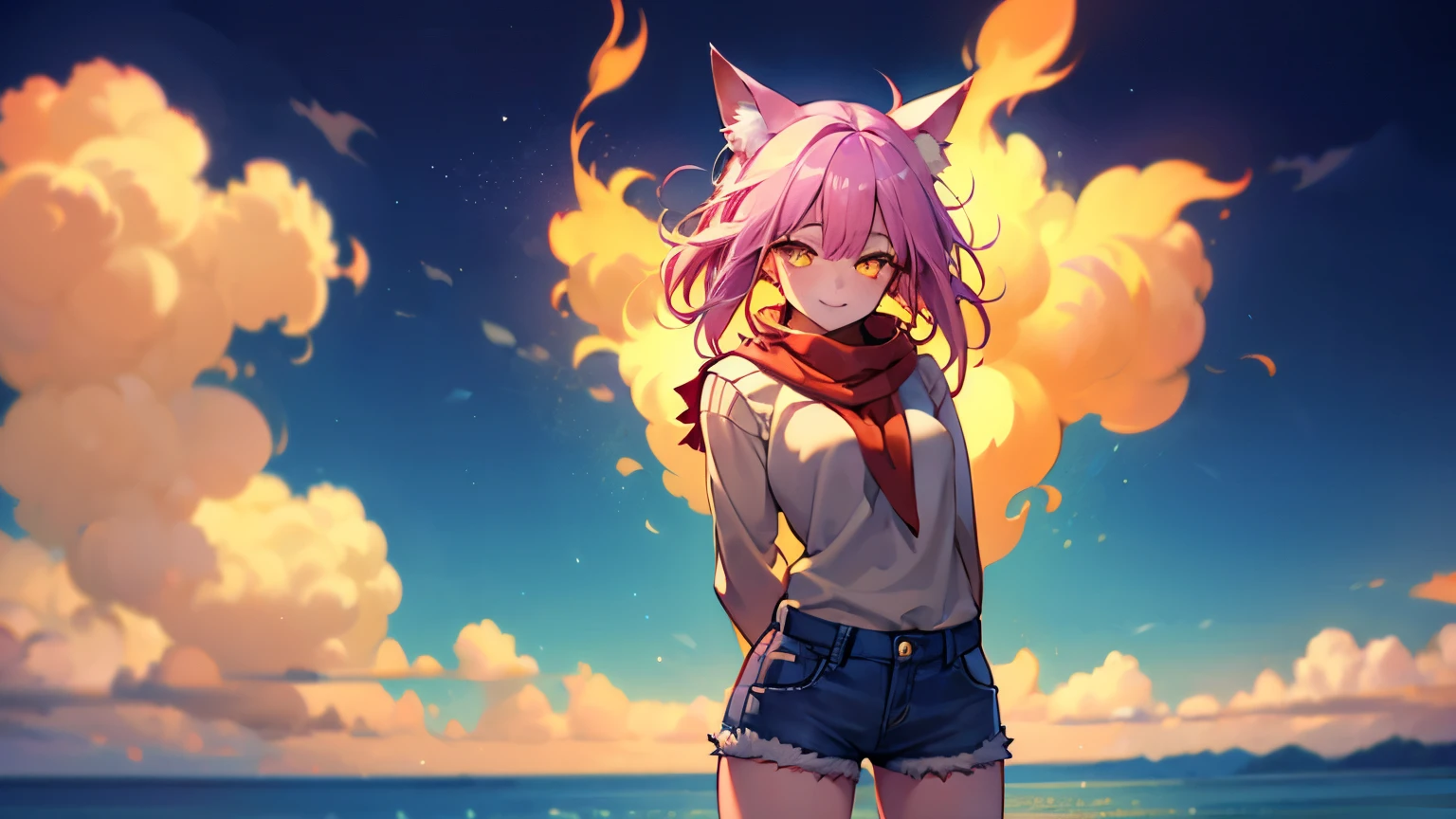photorealistic, 1girl, saturated violet hair, orange fox ears (1.7), flat chest (1.7), puffed out her cheeks, saturated glowing bright orange eyes, cat-like pupils (2), sandy beach, denim shorts, sweater, narrow waist (2), happy eyes, cutely holds,flirts(1.6), orange scarf, explosion in the background,hands behind back, sweet smile