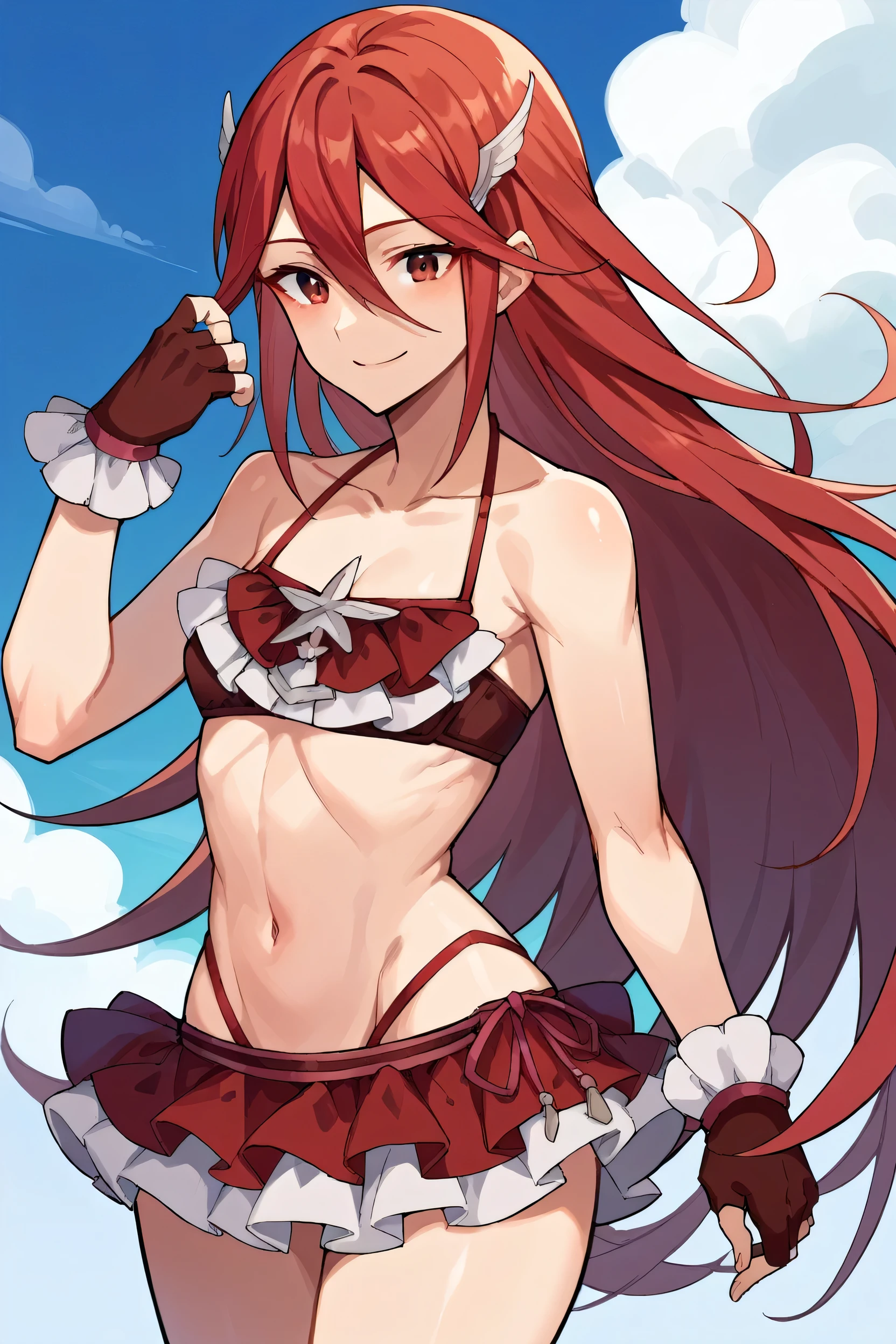 score_9, score_8_up, score_7_up, score_6_up, source_anime BREAK 1girl, solo, sumCordelia, red hair, red eyes, wing hair ornament, collarbone, red bikini, bare shoulders, frilled bikini, small breasts, bikini skirt, red gloves, fingerless gloves, cowboy shot, looking at you, smile, blue sky, clouds