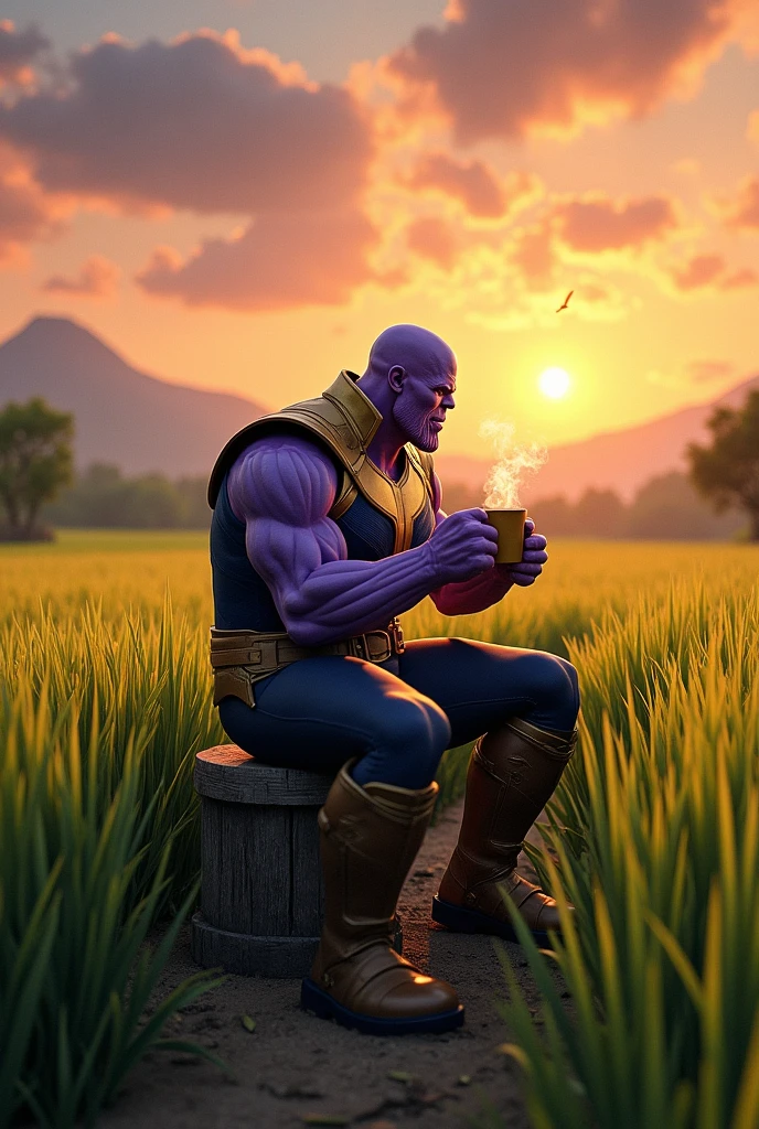 Thanos drink coffee at the rice field