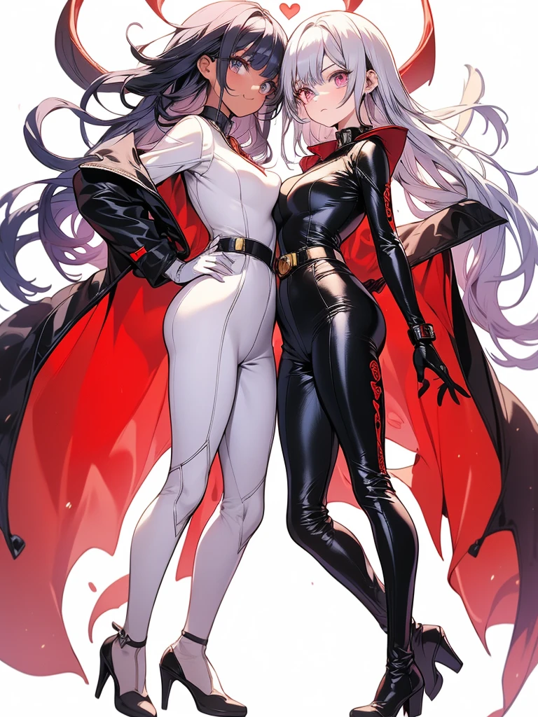 artwork, (Best quality), (Best illustration), (symmetrical art) full body image, single, solo, 1 adult woman with perfect body, beautiful eyes red, detailed eyes, pretty face, beautiful silver hair, heart shaped sunglass, perfect face, beautiful and delicate dark skin, wearing skin-tight superhero jumpsuit, black jumpsuit with no neckline and gold details, (matching and symmetrical jumpsuit), super tight and detailed superhero jumpsuit , golden star symbol on the chest of the jumpsuit, tight golden belt, golden gloves and boots, matching gloves and boots, 1 long and detailed matching cape, serious look, front body, ((white background)), simple background.