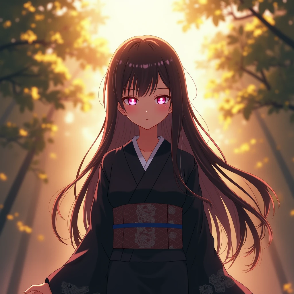 Light shines from the front.、Long black hair, One person, bangs, Pink Eyes, Shut your mouth., Anime Style, Black kimono