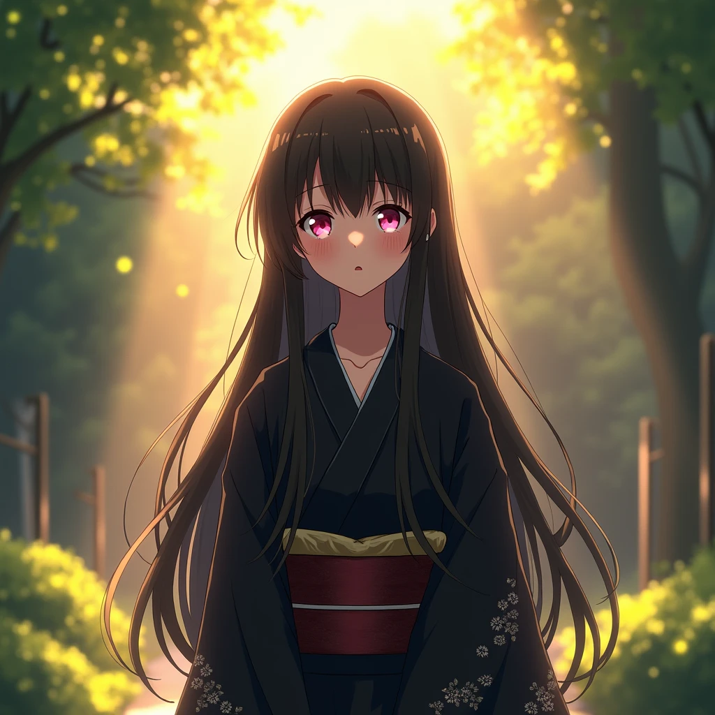 Light shines from the front.、Long black hair, One person, bangs, Pink Eyes, Shut your mouth., Anime Style, Black kimono