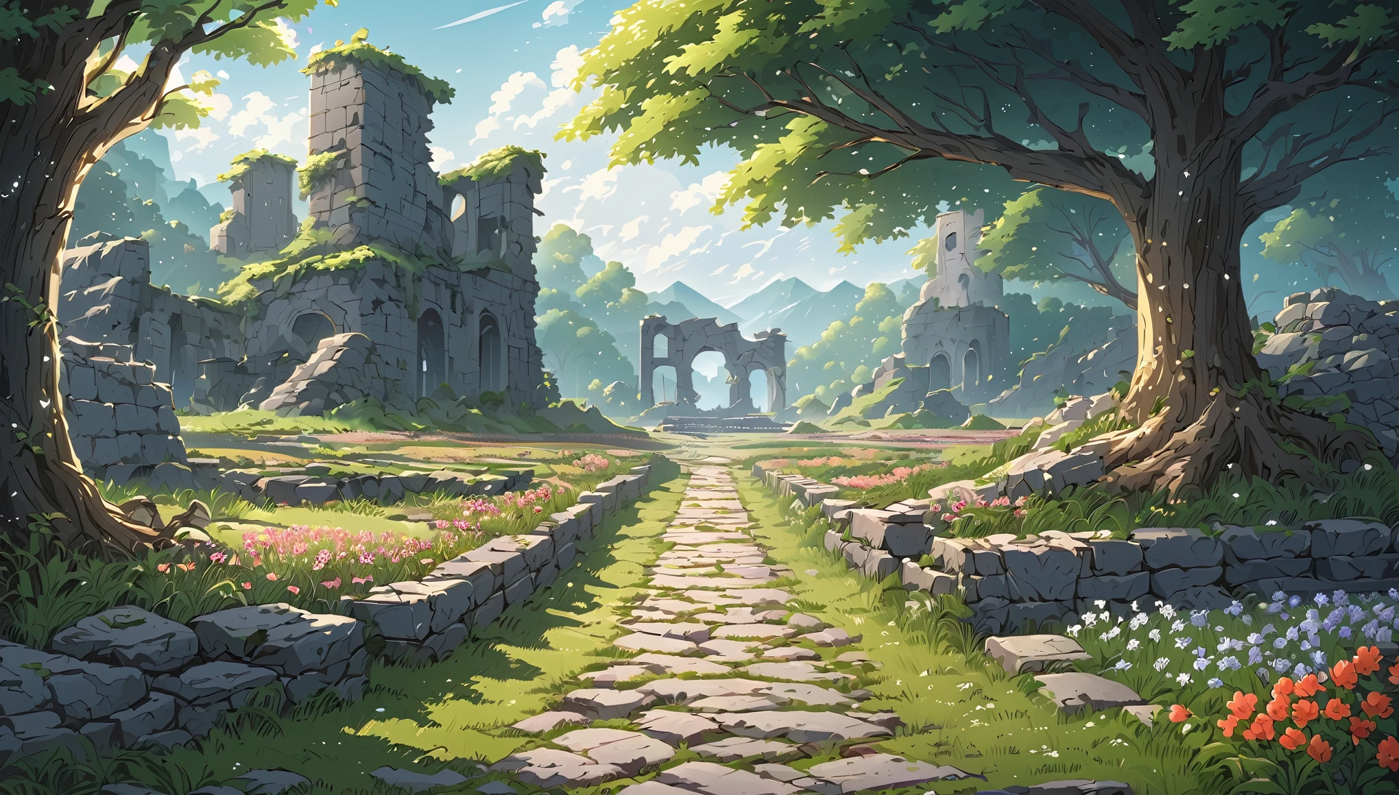 masterpiece, best quality, number, illustration, Anime style background, landscape, background, 低曝Light率, 4K resolution, Extreme details, Very detailed, Light, Comfort, trees, ruins, stone road, flowers, bush