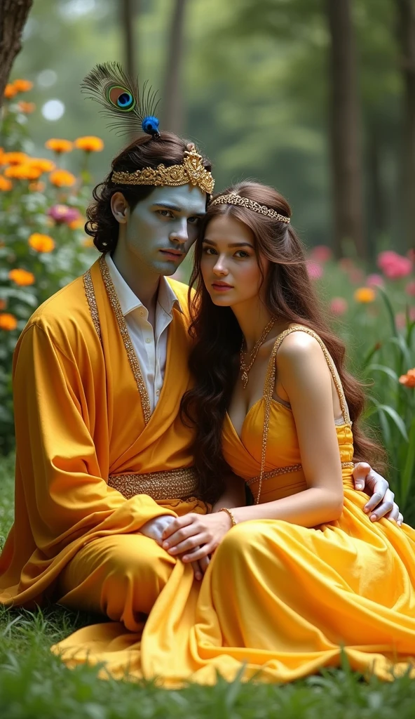 A man age 22 years skin light ash blue, man wearing saffron robe, head with golden crown with one peacock feather. Both sitting in garden. A girl age 22 years with long Brown hair with small golden tiara crown in front single peacock feather, dressed in a lavish yellow smooth silk transparent dress, sitting in garden looking front small of flowers and colors, in fairy style Dream fantasy world