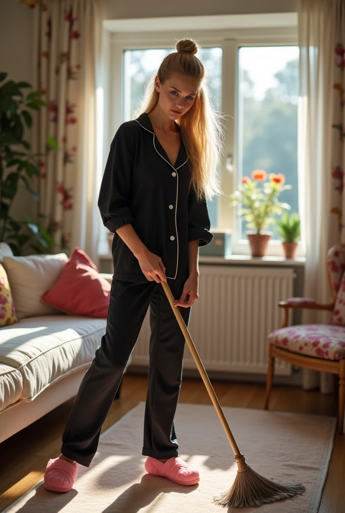 Create a realistic image of a 20 year old woman, Long blond hair, Blue eyes, cheekbones, ((whole body)) hair tied in a bun, dressed in black pajamas and pink slippers, does the housework, sweeps the floor the living room, background image a living room, head to toe, full body
