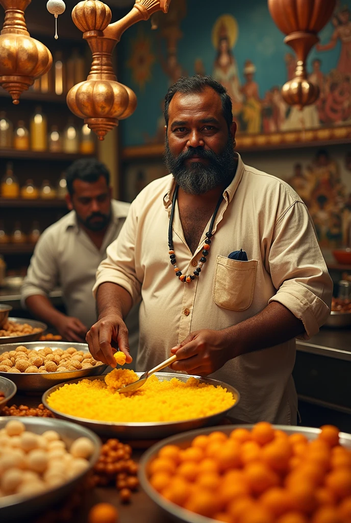 A very fat black indian sweet maker in baniyan making sweets full of sweat half naked