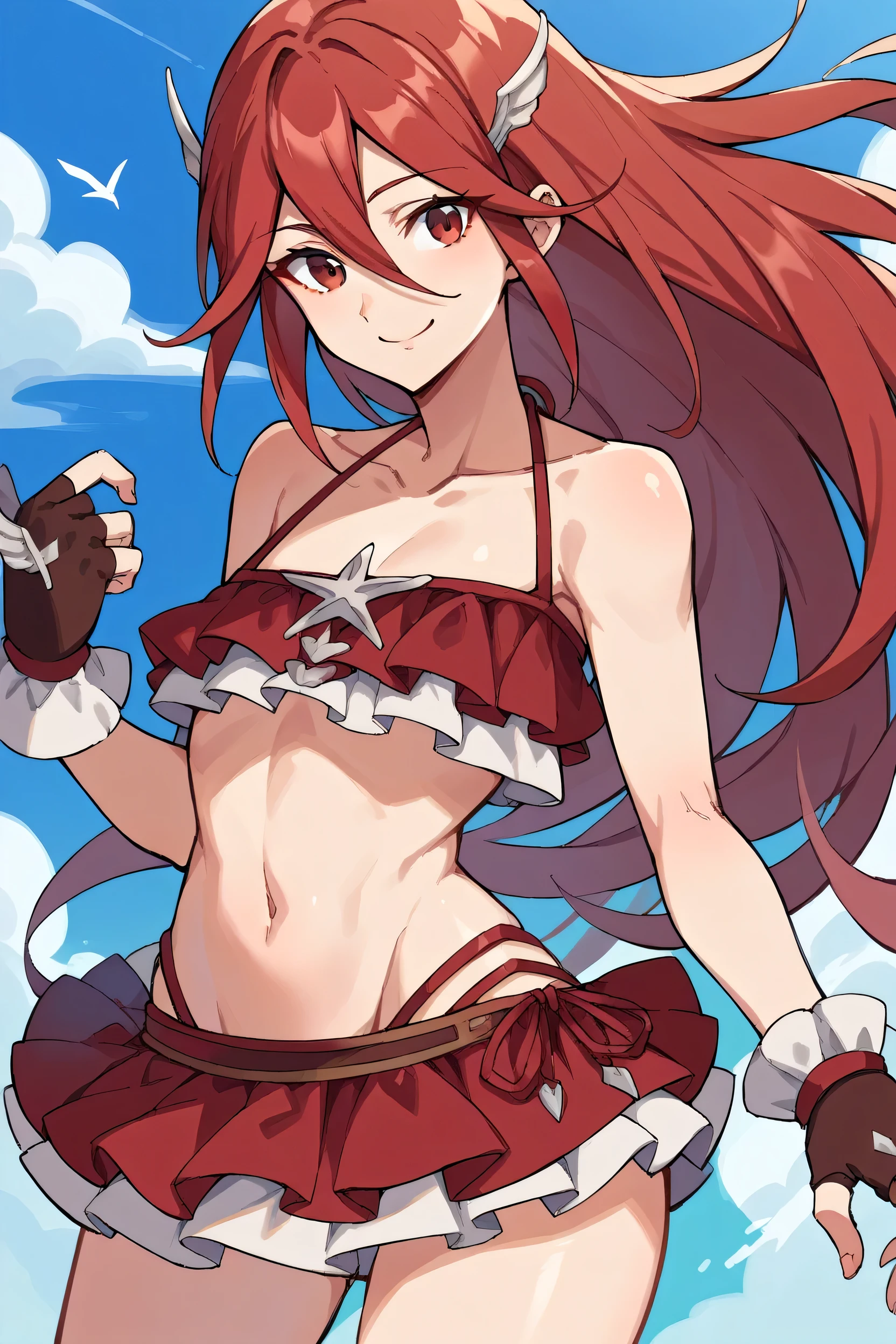 score_9, score_8_up, score_7_up, score_6_up, source_anime BREAK 1girl, solo, sumCordelia, red hair, red eyes, wing hair ornament, collarbone, red bikini, bare shoulders, frilled bikini, small breasts, bikini skirt, red gloves, fingerless gloves, cowboy shot, looking at you, smile, blue sky, clouds