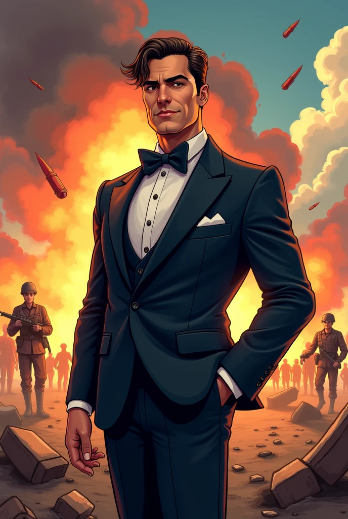 Gentleman tuxedo cartoon epic war battleground portrait holding a gun