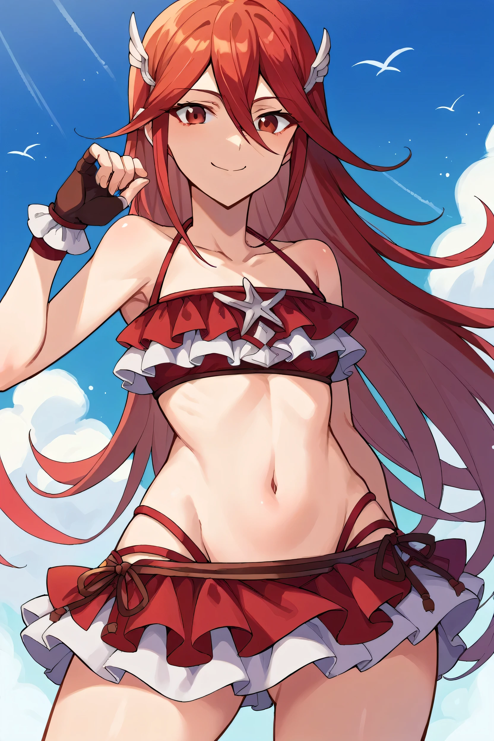 score_9, score_8_up, score_7_up, score_6_up, source_anime BREAK 1girl, solo, sumCordelia, red hair, red eyes, wing hair ornament, collarbone, red bikini, bare shoulders, frilled bikini, small breasts, bikini skirt, red gloves, fingerless gloves, cowboy shot, looking at you, smile, blue sky, clouds