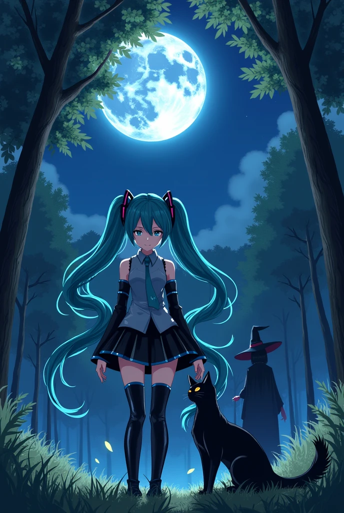 Anime art, anime style, detailed drawing, forest background, high definition, high quality, one girl, solo, Hatsune Miku, aqua hair, twin tails, headphones, number tattoo "01" (red colored number tattoo, located on her right hand), grey sleeveless collared shirt, black detached sleeves with aqua line, five fingers with aqua nails, aqua necktie, black pleated mini skirt with aqua line, zettai ryouiki, thigh-high black boots with aqua lines, thigh-high black boots with aqua line.

In the night, Miku Hatsune gently strokes the head of a black cat, there's a witch following her behind.