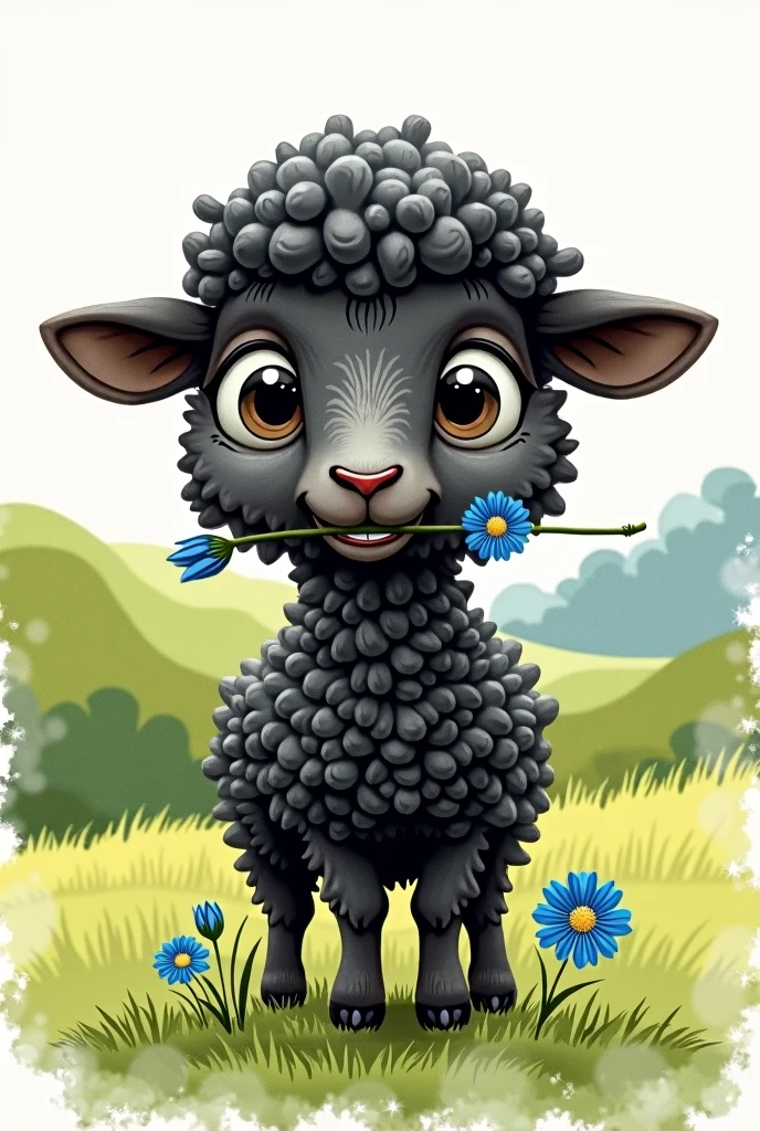 cute black sheep staring at camera, the straw of a blue flower in its mouth, watercolorstyle