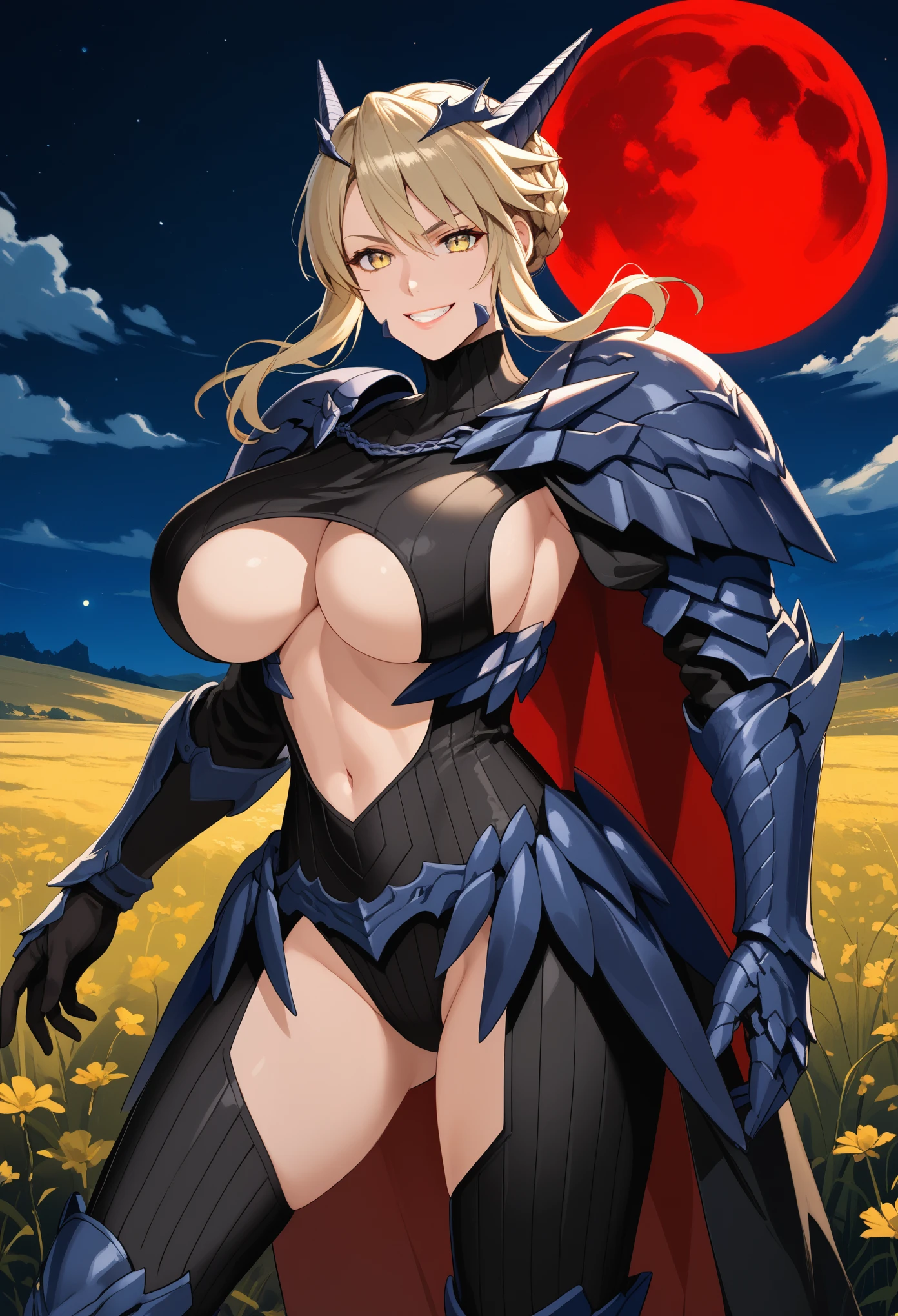 score_9, score_8_up, score_7_up, score_6_up, source_anime, 1girl, solo,laltr, light blonde hair, braid, yellow eyes, horns, black bodysuit, center opening, clothing cutout, navel, huge breasts, armor, pauldrons, red and black cape, armored boots, gauntlets, night, field, red moon, looking at you,evil grin, , huge breasts, arms at sides, dynamic pose