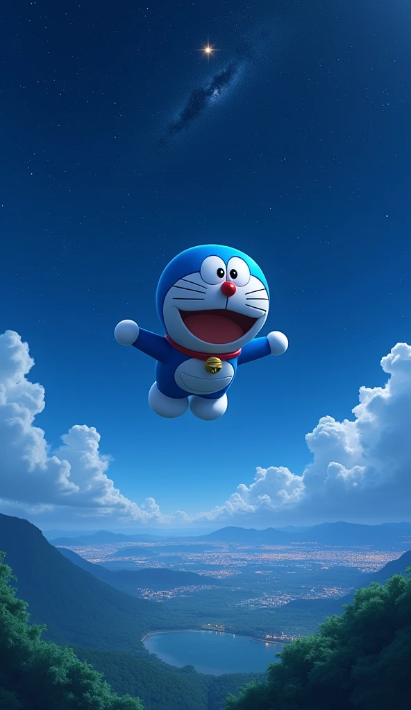 Doraemon image , Vast night view, fly in the sky、Nobita and、3D 4K image.