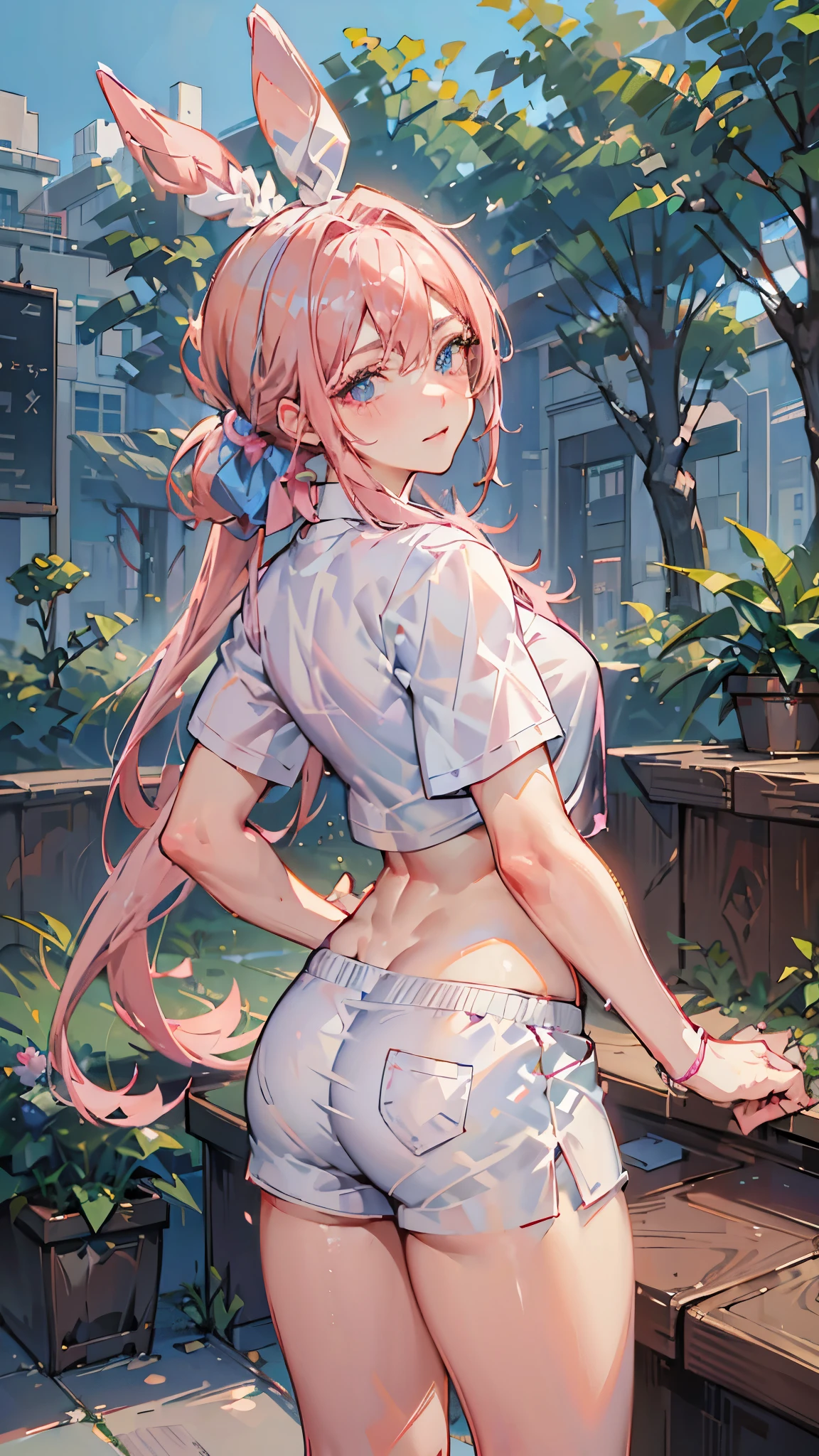 Young woman, , bunny ears, Blue eyes, pink hair, pulled back into a ponytail, White shorts, oversized pink t-shirt, sports, в sports зале, against a barbell, covered chest, rod, emphasis on the face, quality face, Beautiful face, HD