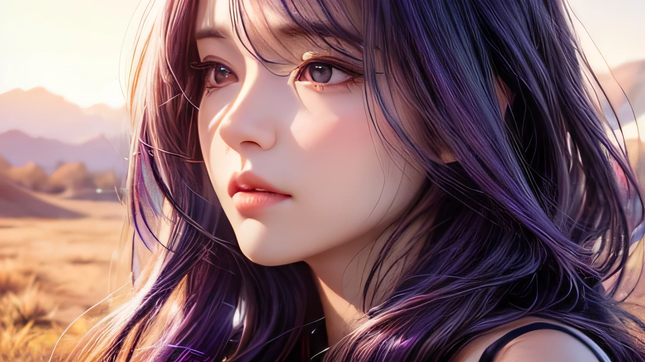 high quality,1 girl,long hair, Super detailed CG illustration of a young woman with a calm expression, Stare into the distance,His striking dark purple hair blew gently in the desert breeze. The landscape behind him is vast and stunning, Taking viewers into a world of wonder and discovery.More ideas