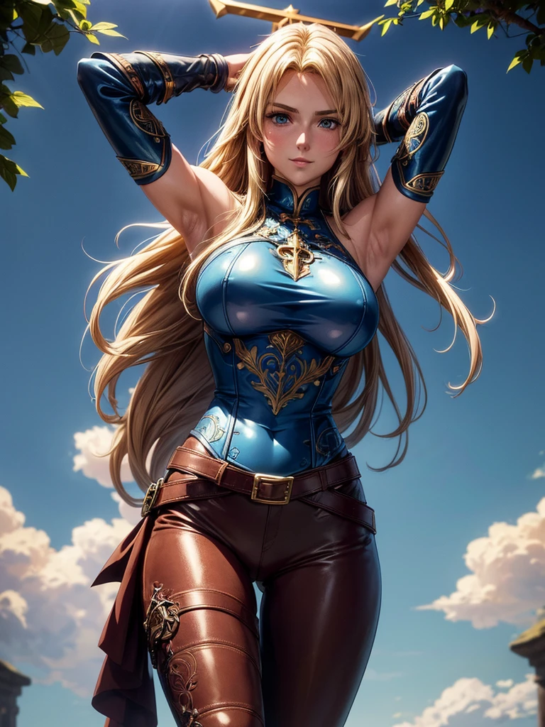 (8k, raw photo, Best Quality, maestro:1.2), (anime photo-anime:1.37), ultra detailed, 1 girl, Beautiful, Alone, Gorgeous detailed blue sky with fluffy clouds, (blush), (whole body: 1.1), (smile: 1.1), (shut up), big breasts, Beautiful and delicate blue eyes, (Tight blue armor with intricate engravings of leaves and flowers : 1.1), Golden metal pieces covering her shoulders and arms, Dark brown leather belt with metal buckles, tight leather pants, Brown leather boots, A cross adorns her chest, (long blonde hair: 1.2), flowing hair, high contrast, Proporciones de whole body, (astride, stretch the legs, thin legs), Chest closeup, full color