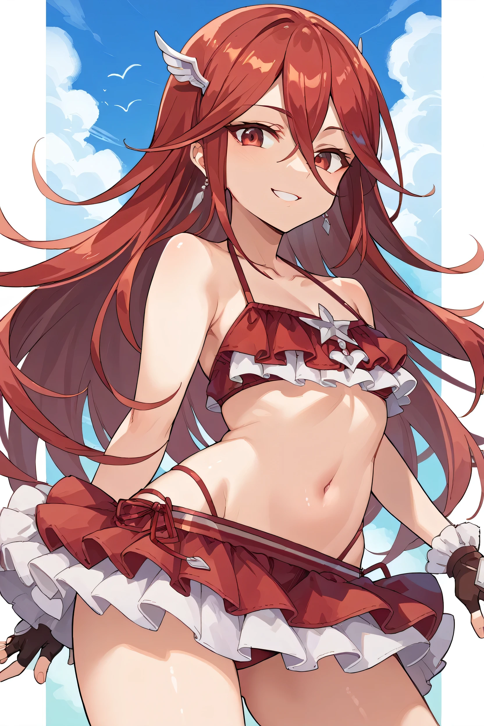 score_9, score_8_up, score_7_up, score_6_up, source_anime BREAK 1girl, solo, sumCordelia, red hair, red eyes, wing hair ornament, collarbone, red bikini, bare shoulders, frilled bikini, small breasts, bikini skirt, red gloves, fingerless gloves, cowboy shot, looking at you, smile, blue sky, clouds