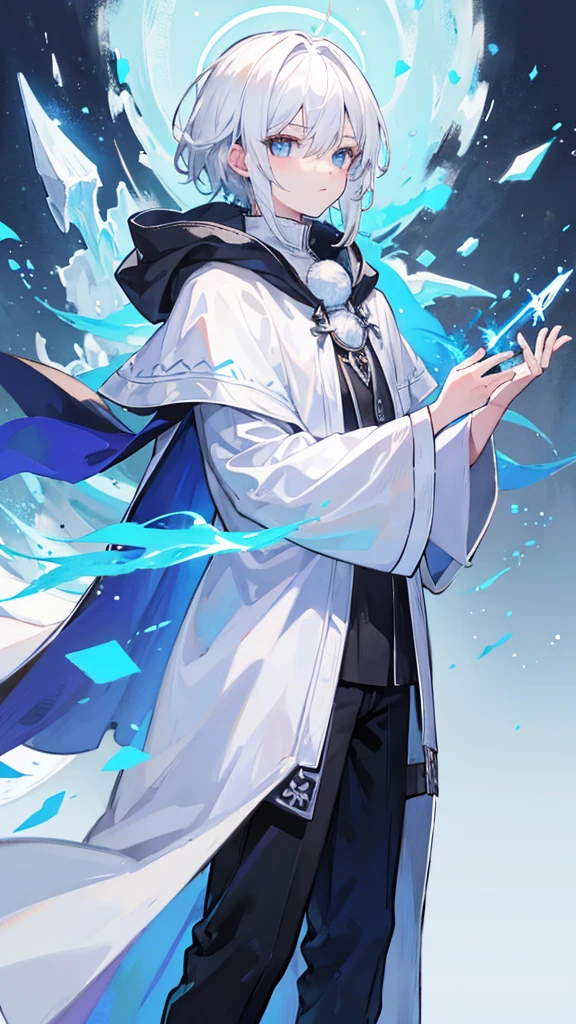 1 boy, mage, white hair, cloak, medium hari